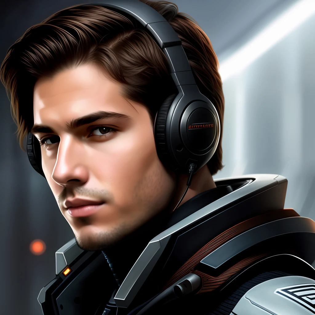 masterpiece, best quality, realistic, ultra detailed, sfw, head shot, a portrait of a young man, starsector, sci-fi style suits, hight-tech gadgets, head facing right,