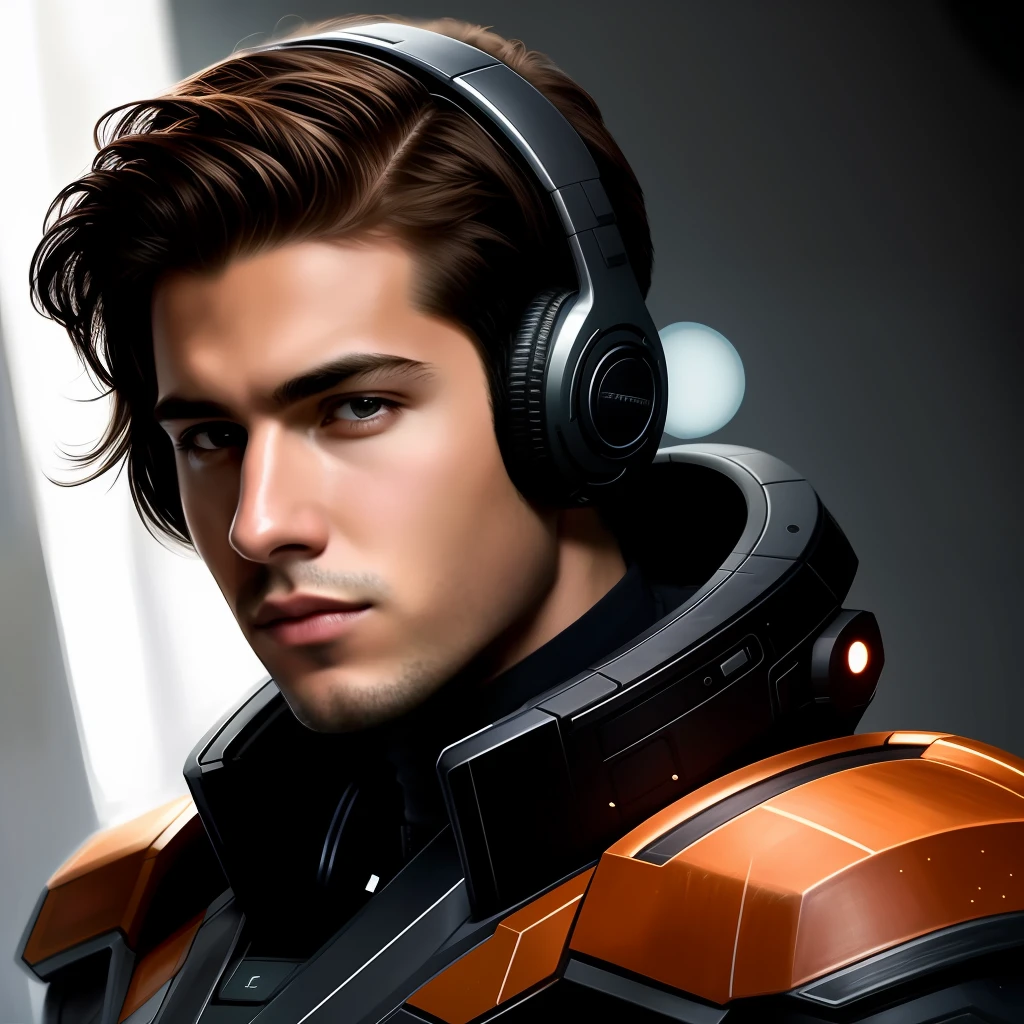 masterpiece, best quality, realistic, ultra detailed, sfw, head shot, a portrait of a young man, starsector, sci-fi style suits, hight-tech gadgets, head facing right,