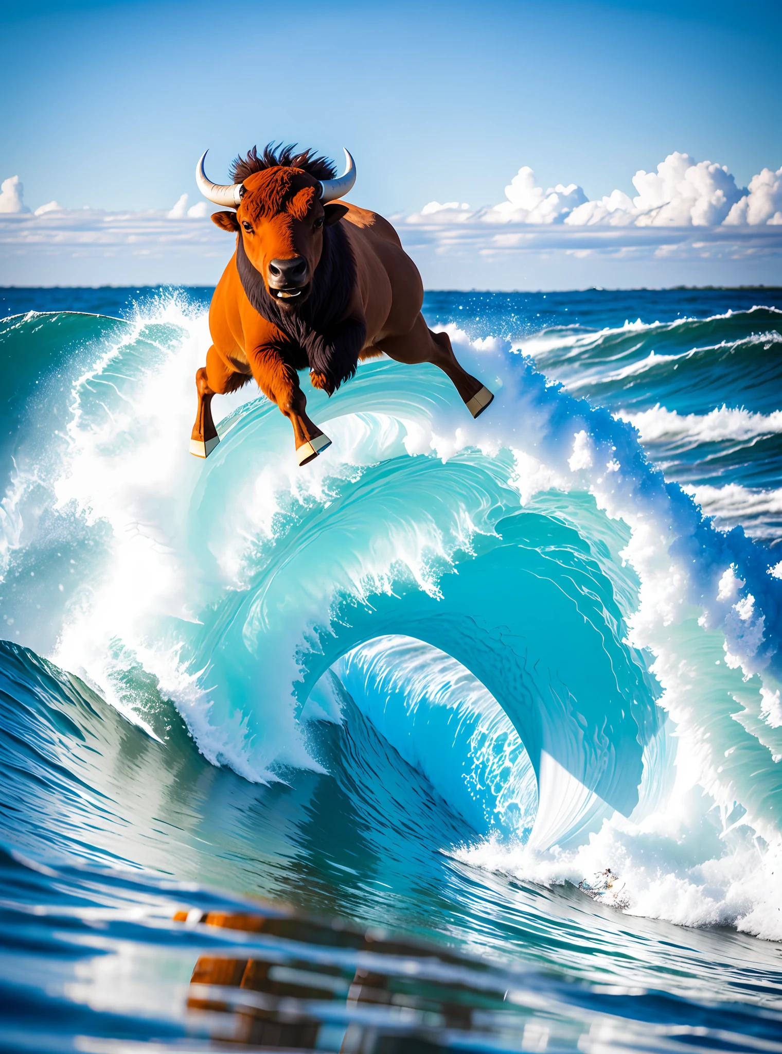 Extreme sports photography, surfing, a bison is gliding along a huge wave, thrilling and nervous, selfie medium shot, bison&#39;s hair is wet, water is lying on his body, bison is on a big skateboard, sea in the background, waves, ocean , foam, high texture, realistic effect