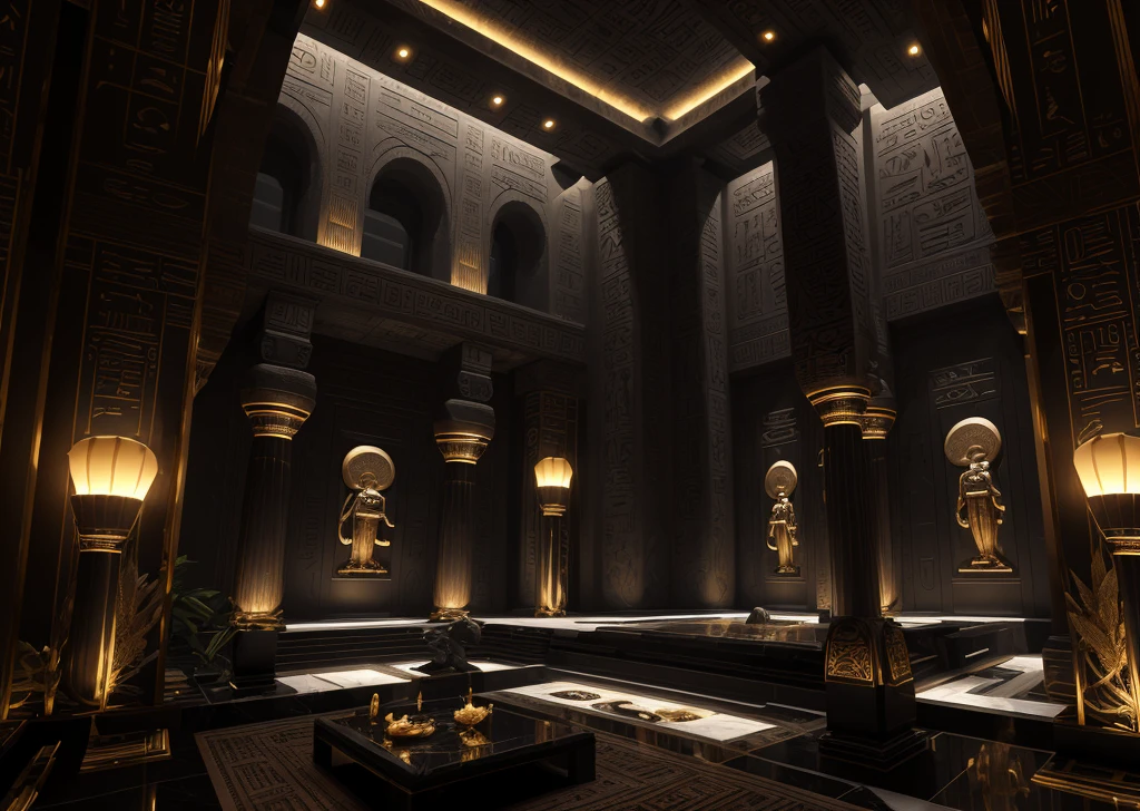 incredible black luxurious futuristic interior in Ancient Egyptian style with lotus flowers, palm trees, hieroglyphics, rocky walls, sand, marble, precious minerals, metals, gemstones, crystals, clouds and water, crocodiles, ultra luxury, black marble – with beautiful lights, Unreal Engine, HQ, 16k