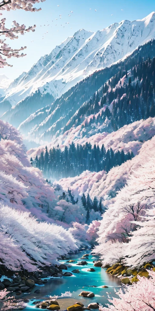 Deep forest, distant mountains, flying birds. Two-dimensional style, bright and vibrant, cherry blossoms cover the mountainside, the sunrise can be seen in the distance, a stream meanders, there are a few daffodils on the bank, the sunrise