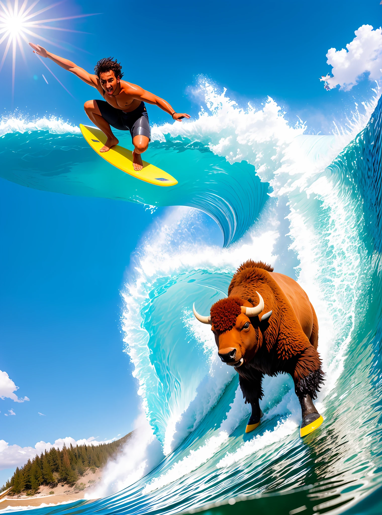 Extreme sports photography, surfing, a bison is gliding along a huge wave, thrilling and nervous, selfie medium shot, bison's hair is wet, water is lying on his body, bison is on a big skateboard, sea in the background, waves, ocean , foam, high texture, realistic effect