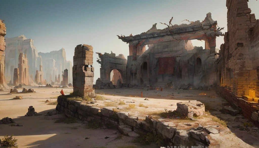 Ancient Chinese Landscape, ((Ancient Monster)), (Desert), (Dunhuang), ((Desolate)), Ash, (Loulan Ancient), (Yellow Sand), ((Bone)), ((Dried Blood)) , (Prayer Flags), (Ruins), Absurd, Realistic Lighting, (Abyss) Masterpiece, High Quality, Beautiful Graphics, High Detail,
