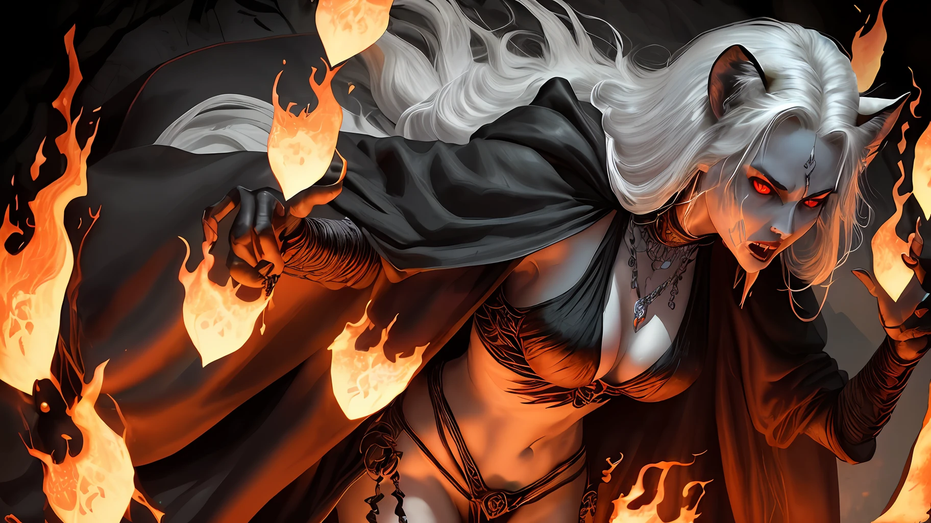 She has the body of a woman and the head of a lioness, but her fur is black as night and her eyes are red as blood. She wears a dark cloak over her shoulders and a silver necklace with an ankh pendant around her neck. Her fangs are long and sharp, and she can drain the life force of her victims with a bite. She is feared and revered by the undead, who call her the Queen of the Night. She is also a master of fire magic, and can conjure flames from her hands or mouth. She is loyal to Ra, the sun god, but only ventures out in the darkness, avoiding his light.