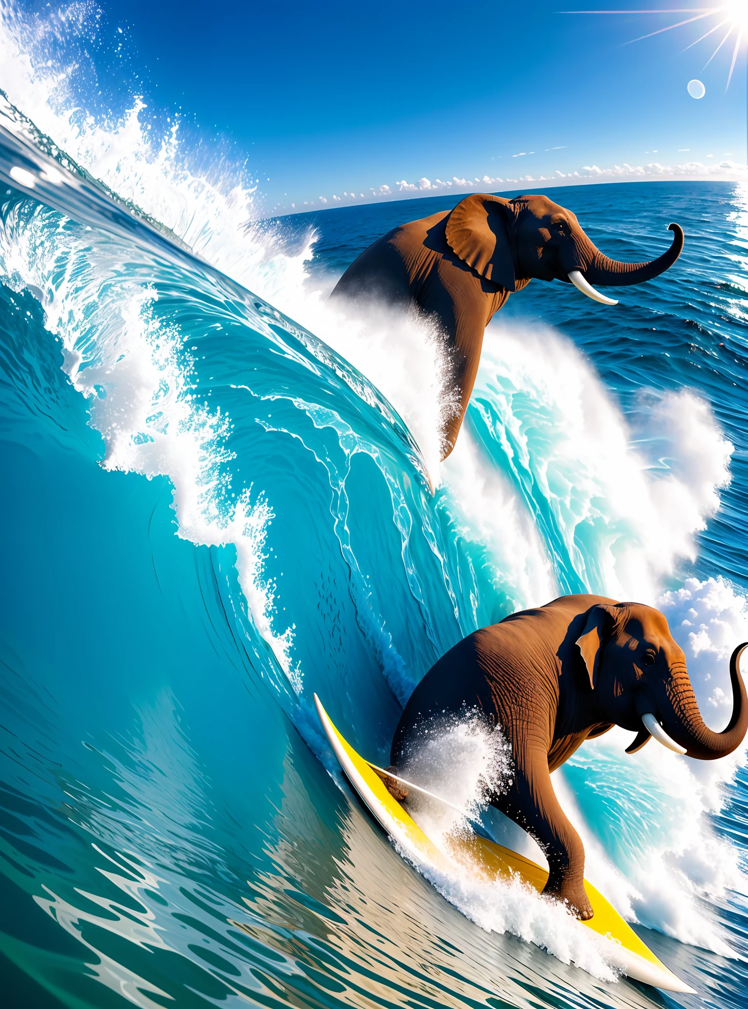 Extreme sports photography, surfing, an elephant is gliding along a huge wave, thrilling and tense, selfie medium shot, elephant lying on water, big skateboard under the elephant&#39;s feet, sea, waves, ocean in the background, Foam, high texture, realistic effect