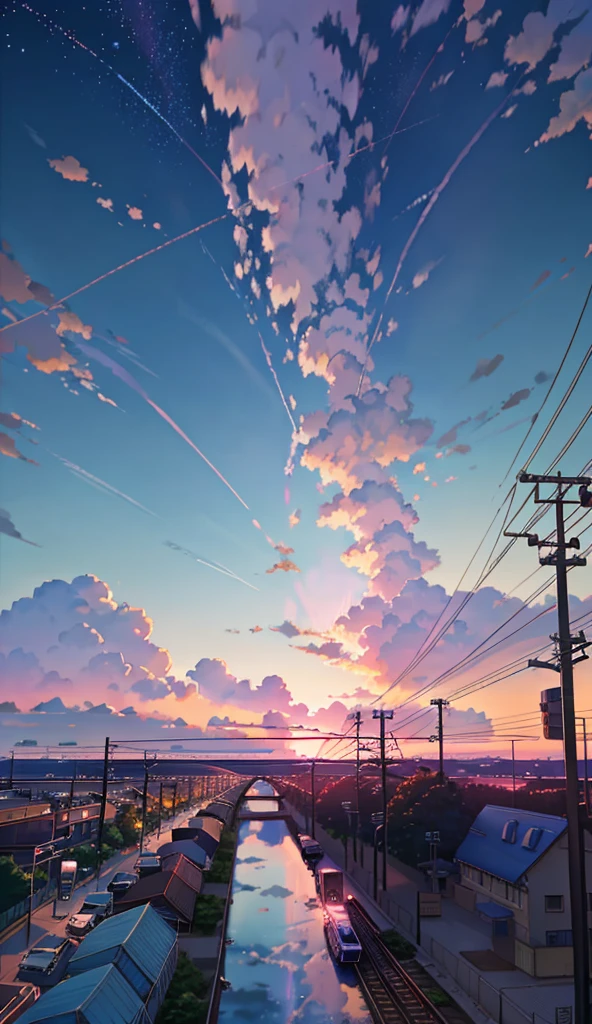 anime scene of a train passing under a pink and purple sky, an anime drawing by Makoto Shinkai, trending on pixiv, magical realism, beautiful anime scene, cosmic skies. by makoto shinkai, ( ( makoto shinkai ) ), by makoto shinkai, anime background art, style of makoto shinkai
