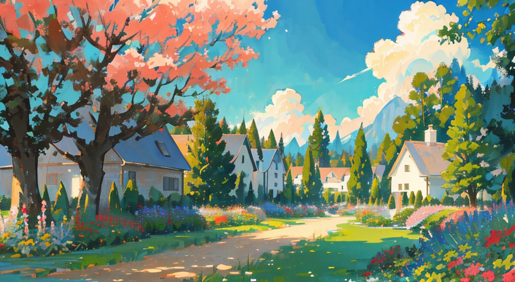 masterpiece,best quality,official art,extremely detailed CG unity 8k wallpaper,outdoors, animal, spring \(season\), cloudy sky,studio ghibli, garden,village,