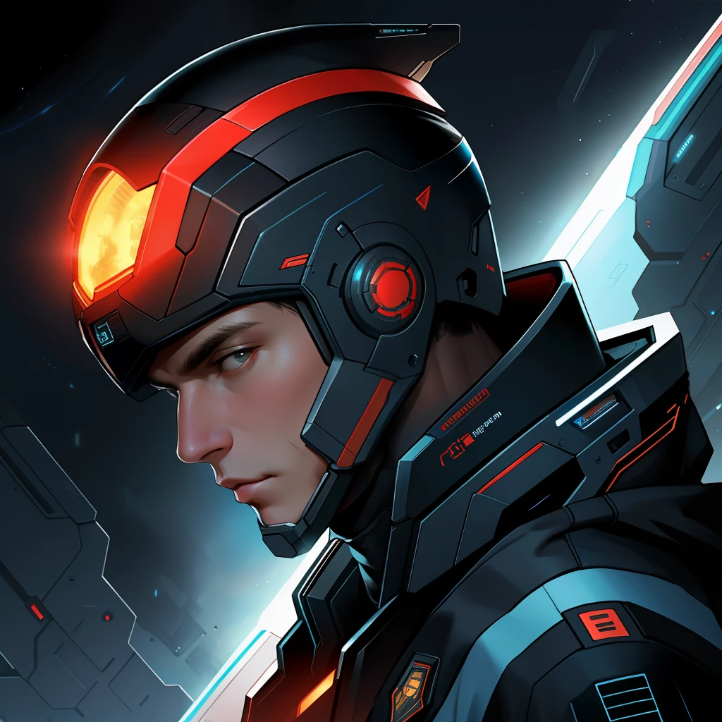 masterpiece, best quality, realistic, ultra detailed, sfw, head shot, a portrait of a young man, starsector, sci-fi style suits, hight-tech gadgets, head facing right,