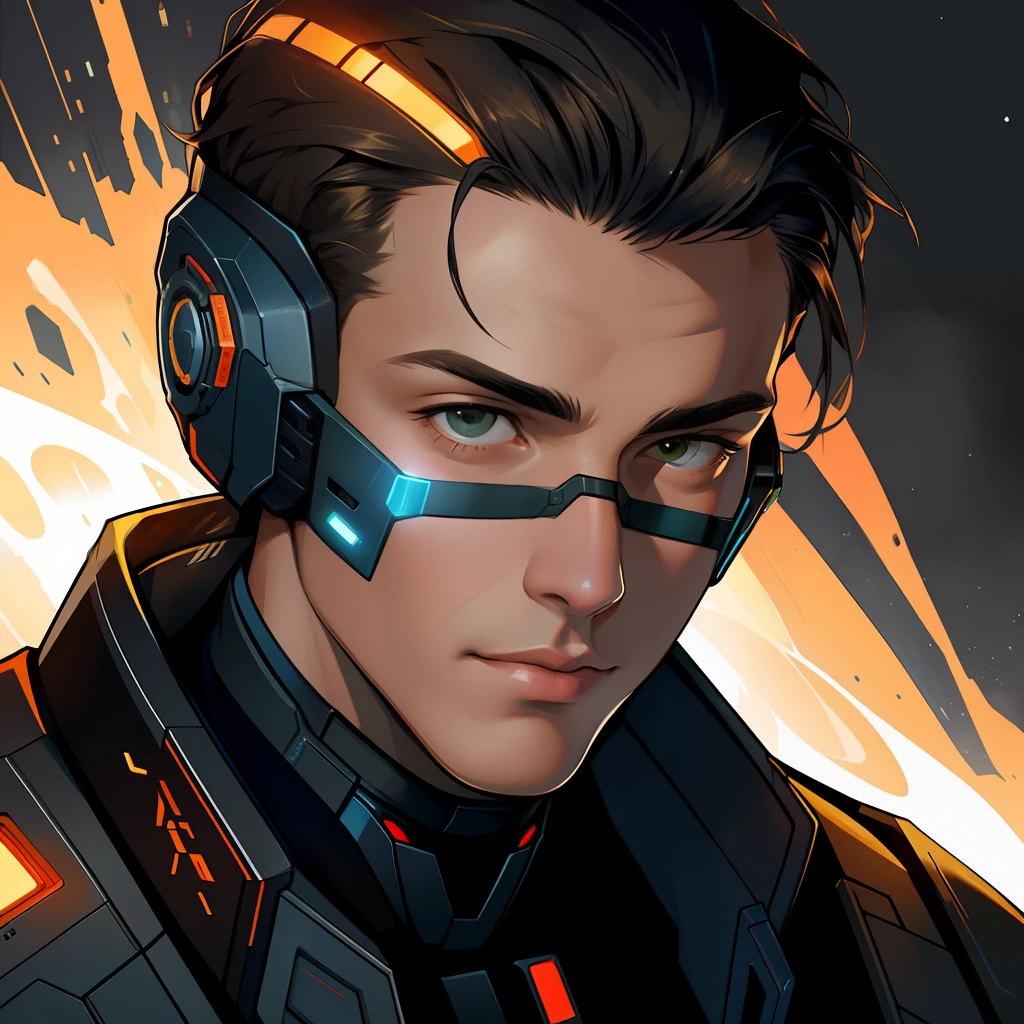 masterpiece, best quality, realistic, ultra detailed, sfw, head shot, a portrait of a young man, starsector, sci-fi style suits, hight-tech gadgets, head facing right,