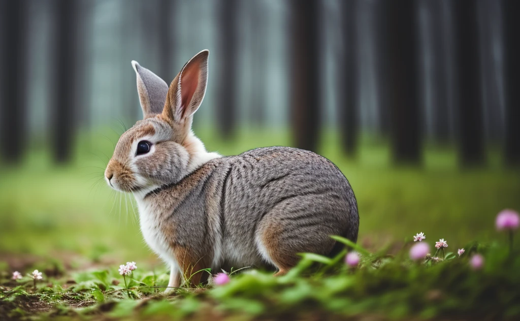 close up photo of a rabbit, forest, haze, halation, bloom, dramatic atmosphere, Align left, rule of thirds, 200mm 1.4f macro shot