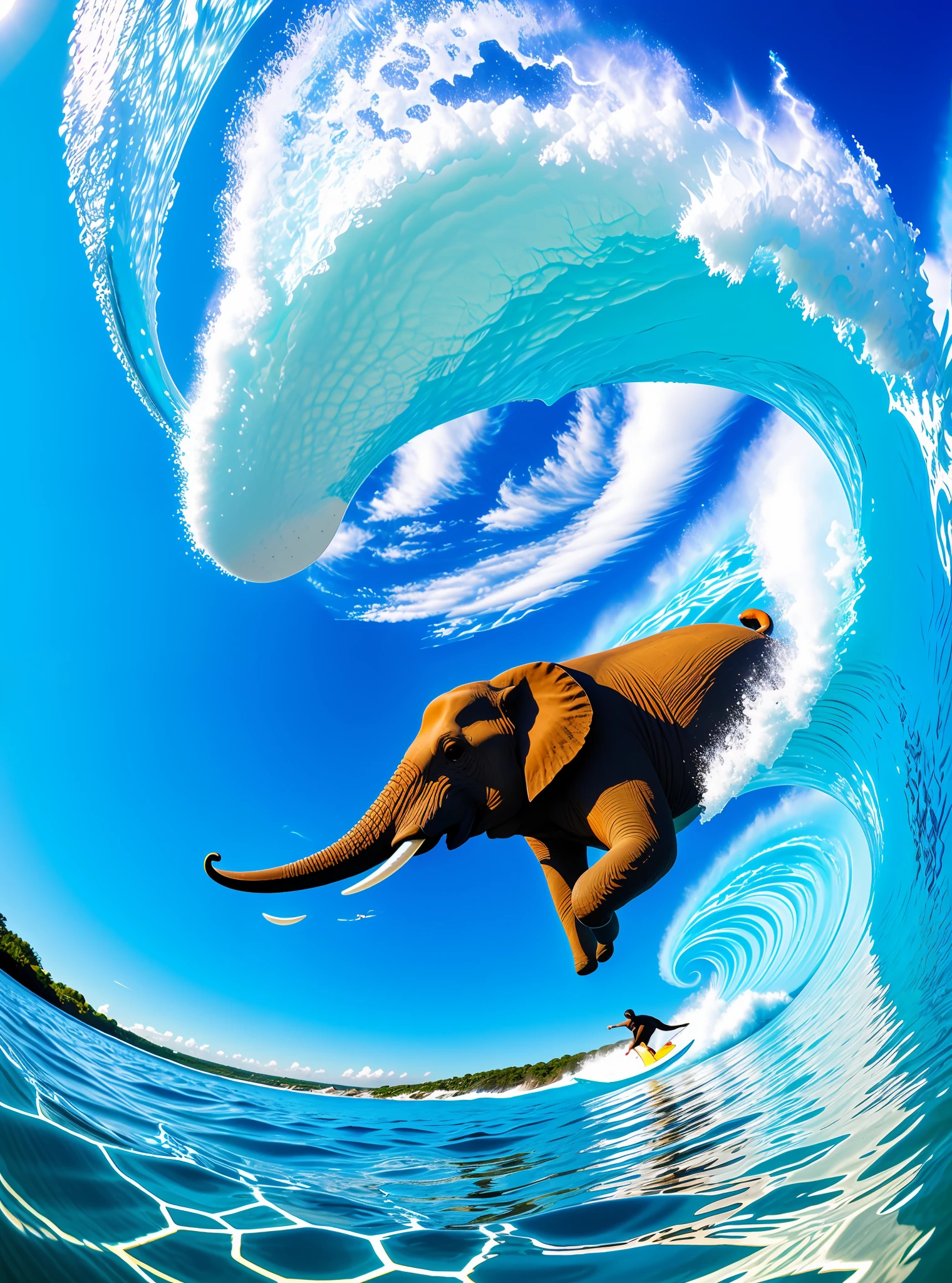 Extreme sports photography, surfing, an elephant is gliding along a huge wave, thrilling and tense, selfie medium shot, elephant lying on water, big skateboard under the elephant's feet, sea, waves, ocean in the background, Foam, high texture, realistic effect