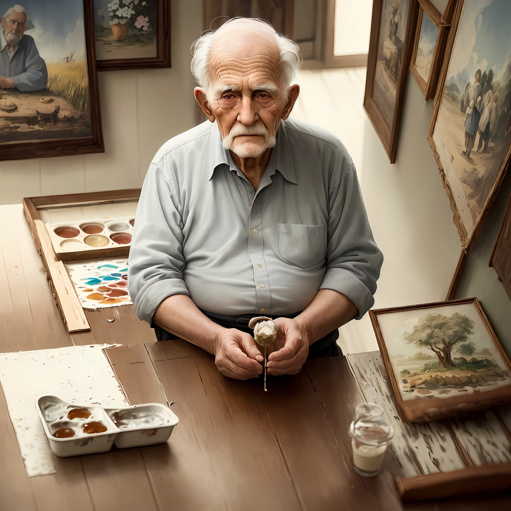 As you continue painting the vintage-style watercolor of the old man, you begin to appreciate the way blurring the outlines and contours of the picture creates a sense of nostalgia and emotion. The soft, muted edges of the man's face give him a gentle and dreamy quality, almost as if he were a character in an old black and white movie. You continue to layer the paint, blending colors and playing with light and shadow to create a mood that evokes the passage of time. The old man's eyes seem to hold a lifetime of stories, his weathered skin reflecting the struggles and triumphs of a long life lived. The vintage style of the painting is perfectly suited to the subject matter, evoking memories of a simpler time, when life moved at a slower pace. As you add in the moody floral print, it adds an extra dimension to the painting, creating a sense of fragility and beauty that is both ephemeral and enduring. Looking at the painting, you can't help but feel a deep sense of respect and admiration for the old man, and for the countless others like him whose lives have been shaped by the passing of time. The blurred edges and soft colors of the painting capture something essential about the human experience, reminding us of the fleeting nature of life and the beauty that can be found even in its most difficult moments. As you finish the painting and step back to admire your work, you feel a sense of satisfaction knowing that it will be enjoyed by others for years to come, capturing a moment in time that might otherwise be forgotten. :: transparent light colors watercolor :: by Camille Corot :: painted by water painting :: --ar 2:3 --v 5 --s 850 --no water, ocean, lake, river, flowers, nature --v 5 --v 5 -