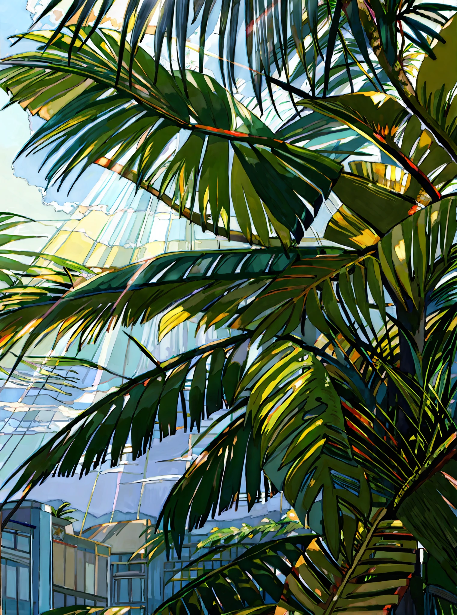 ((flat painting style, blank background, various tropical plants in the lower right corner, low-saturated dark purple-blue edge, low saturation)), (sunlight hits low-saturated blue-green plantain leaves from the upper left corner, bird's nest fern, attached Green orchid and purple-red Jishui pineapple, light-receiving surface of the plant is bright yellow and white, and the shadow is blue-gray), (plane wide angle, elegant tone, soft color, photography light and shadow sense),