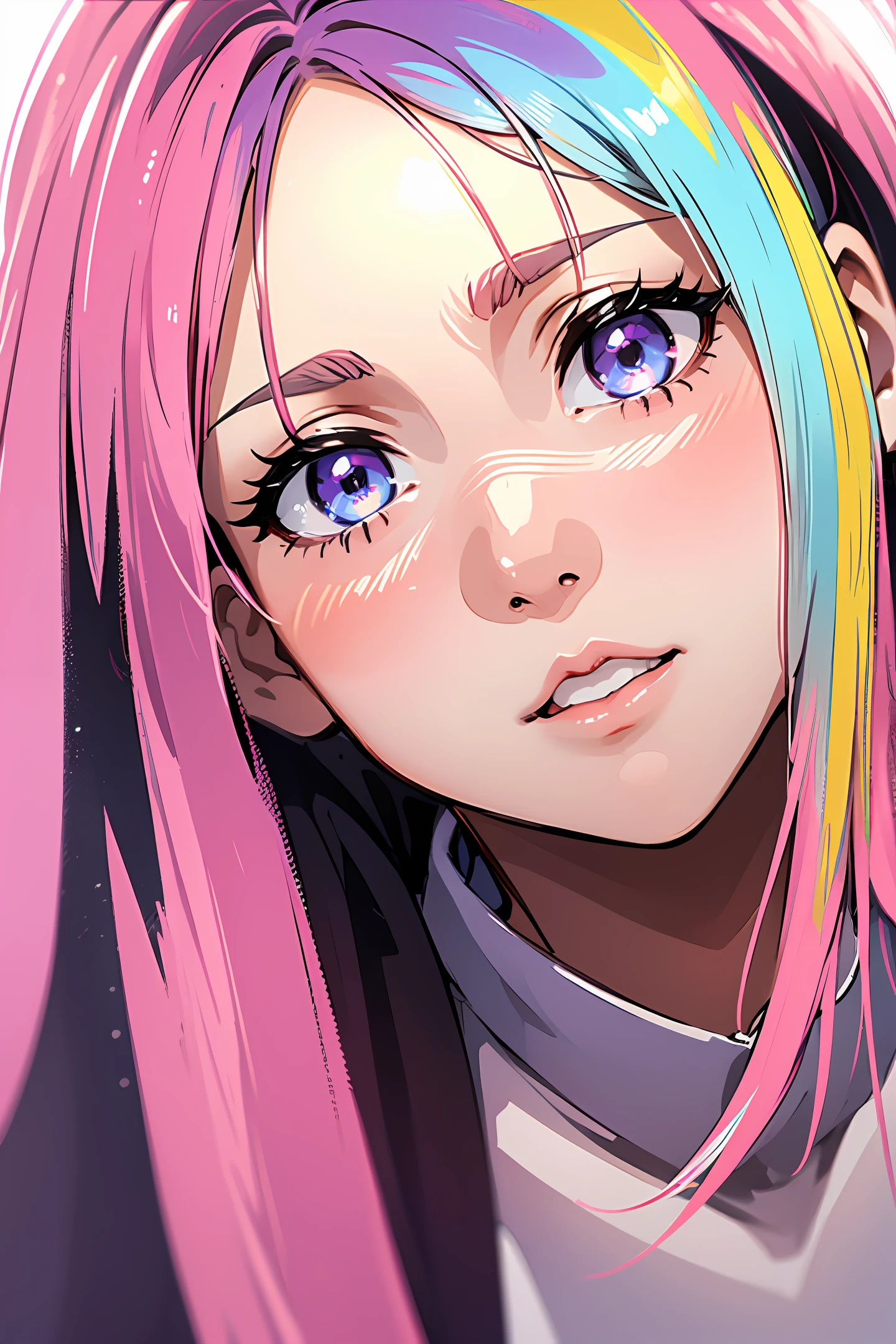 1girl, cute, soft pink hair, (soft rainbow eyes: 0.9) (color: 0.7) angel, (masterpiece, best quality, volumetric lighting, dynamic pose, detailed face) (perfect detail) (perfect eyes) ultra_detailed, perfect composition, BREAK, hires, 8k, HD, (female focus: 1.4), (five fingers each), --v 6