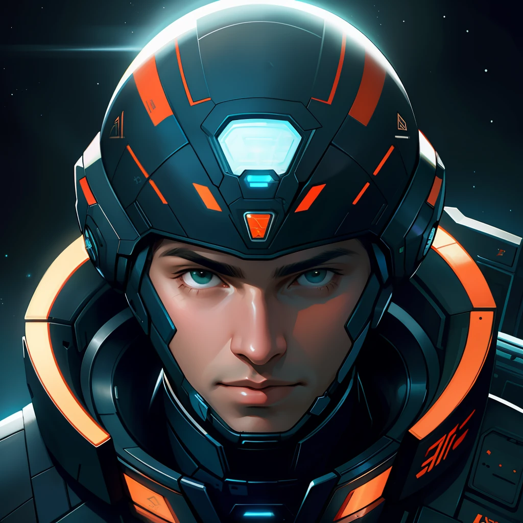 masterpiece, best quality, realistic, ultra detailed, sfw, head shot, a portrait of a young man, starsector, sci-fi style suits, hight-tech gadgets, head facing right,