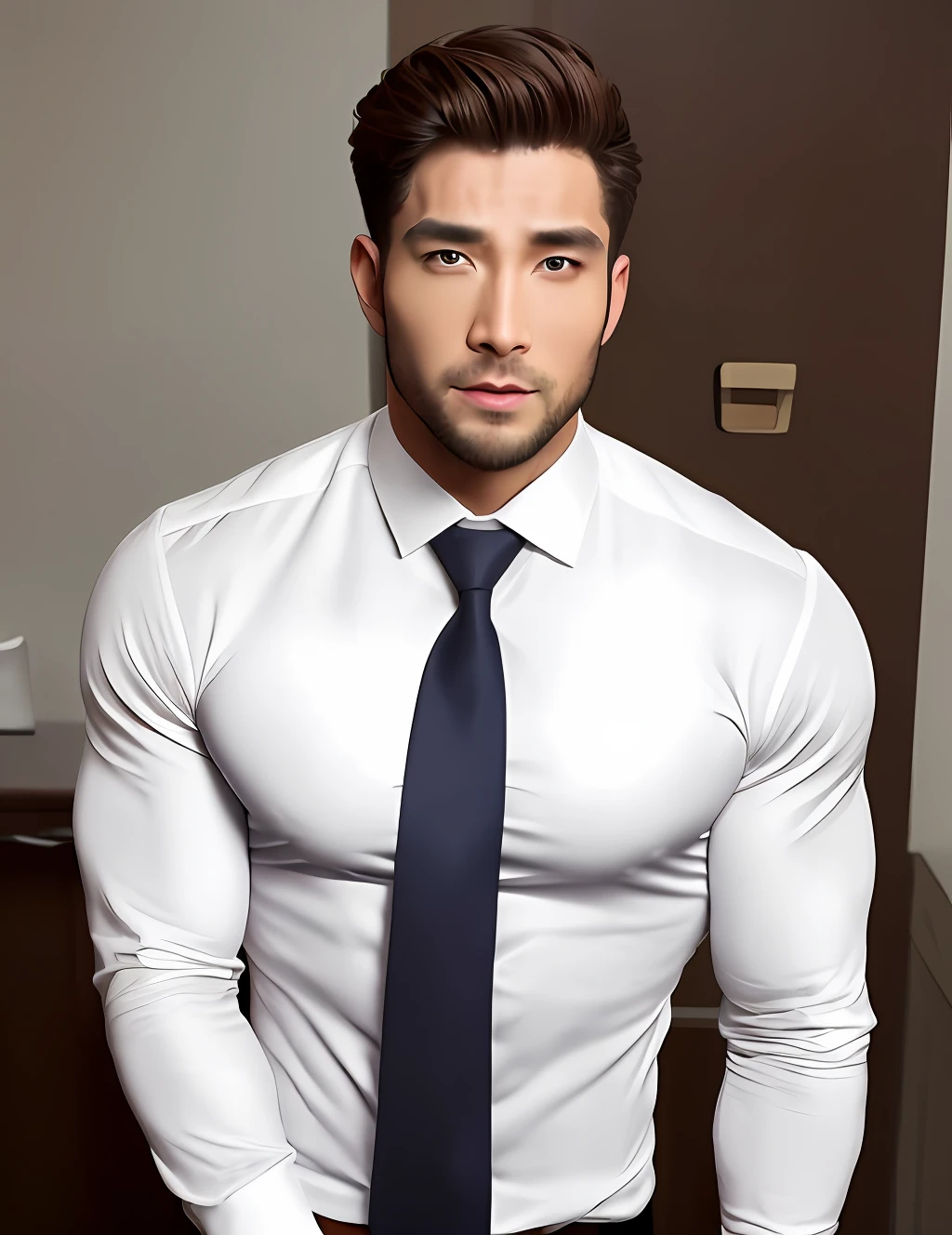 1man, a muscular 30-year-old teacher, wearing a long-sleeved white shirt and tie, is seducing someone with his body