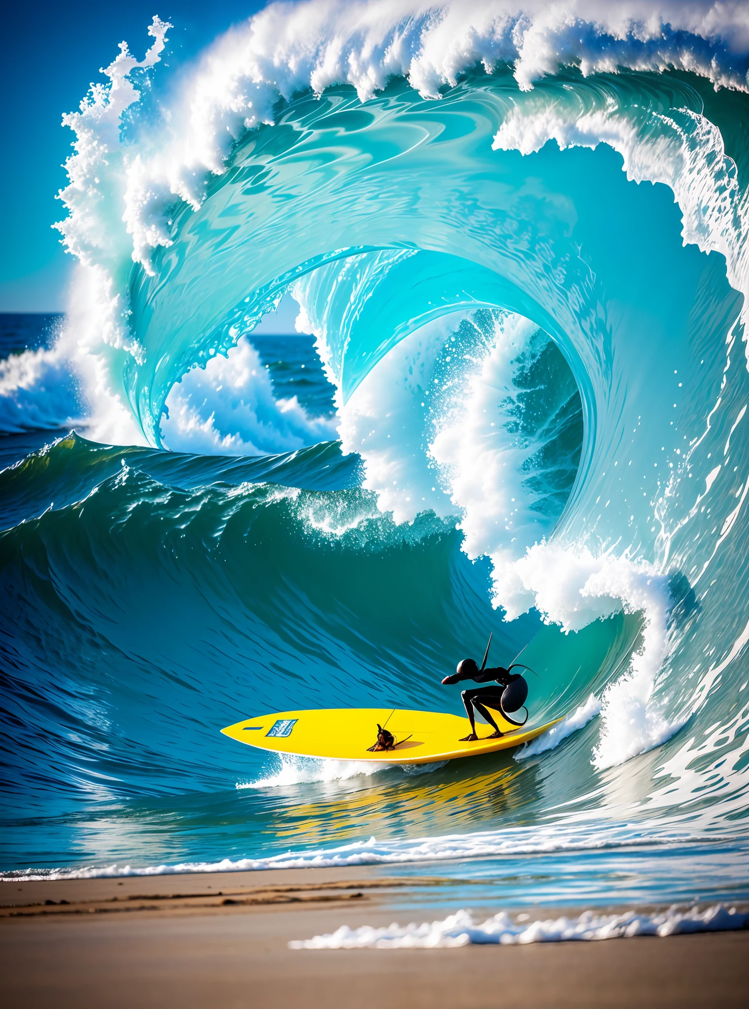 Extreme sports photography, surfing, an ant is sliding along a huge ocean wave, thrilling and tense, selfie medium shot, the ant is lying on water, the ant is on a big skateboard, the background is sea, waves, ocean, foam, high texture, realistic effect