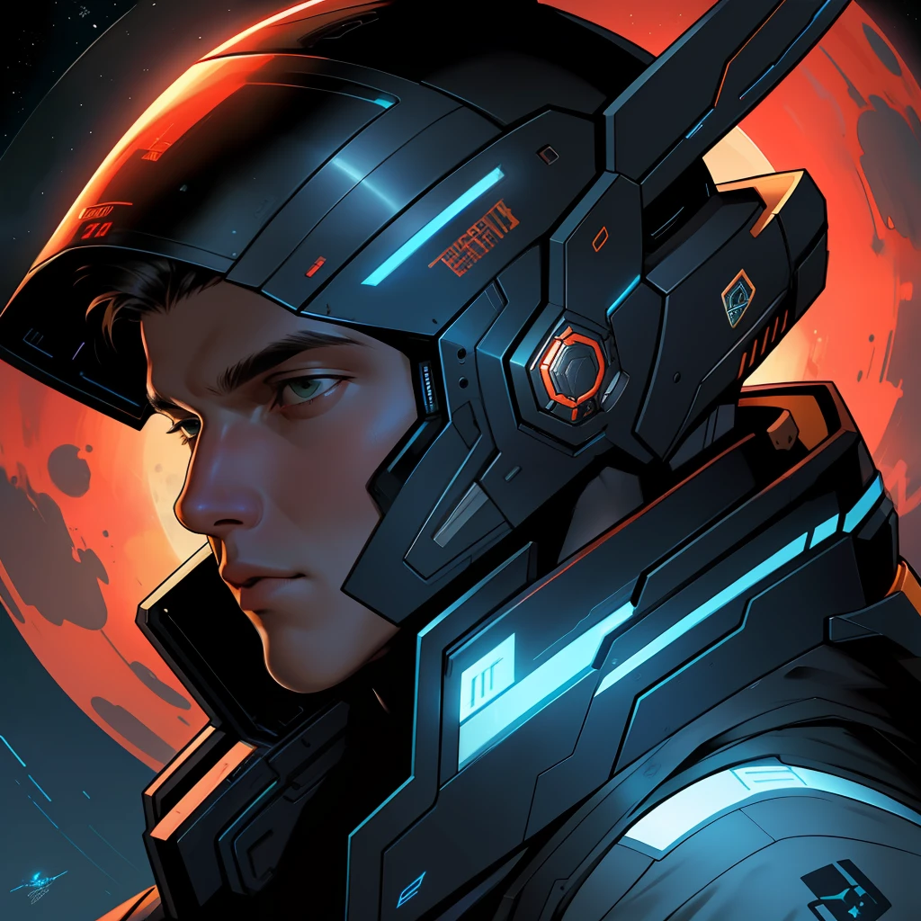 masterpiece, best quality, realistic, ultra detailed, sfw, head shot, a portrait of a young man, starsector, sci-fi style suits, hight-tech gadgets, head facing right,