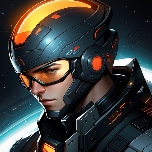 masterpiece, best quality, realistic, ultra detailed, sfw, head shot, a portrait of a young man, starsector, sci-fi style suits, hight-tech gadgets, head facing right,