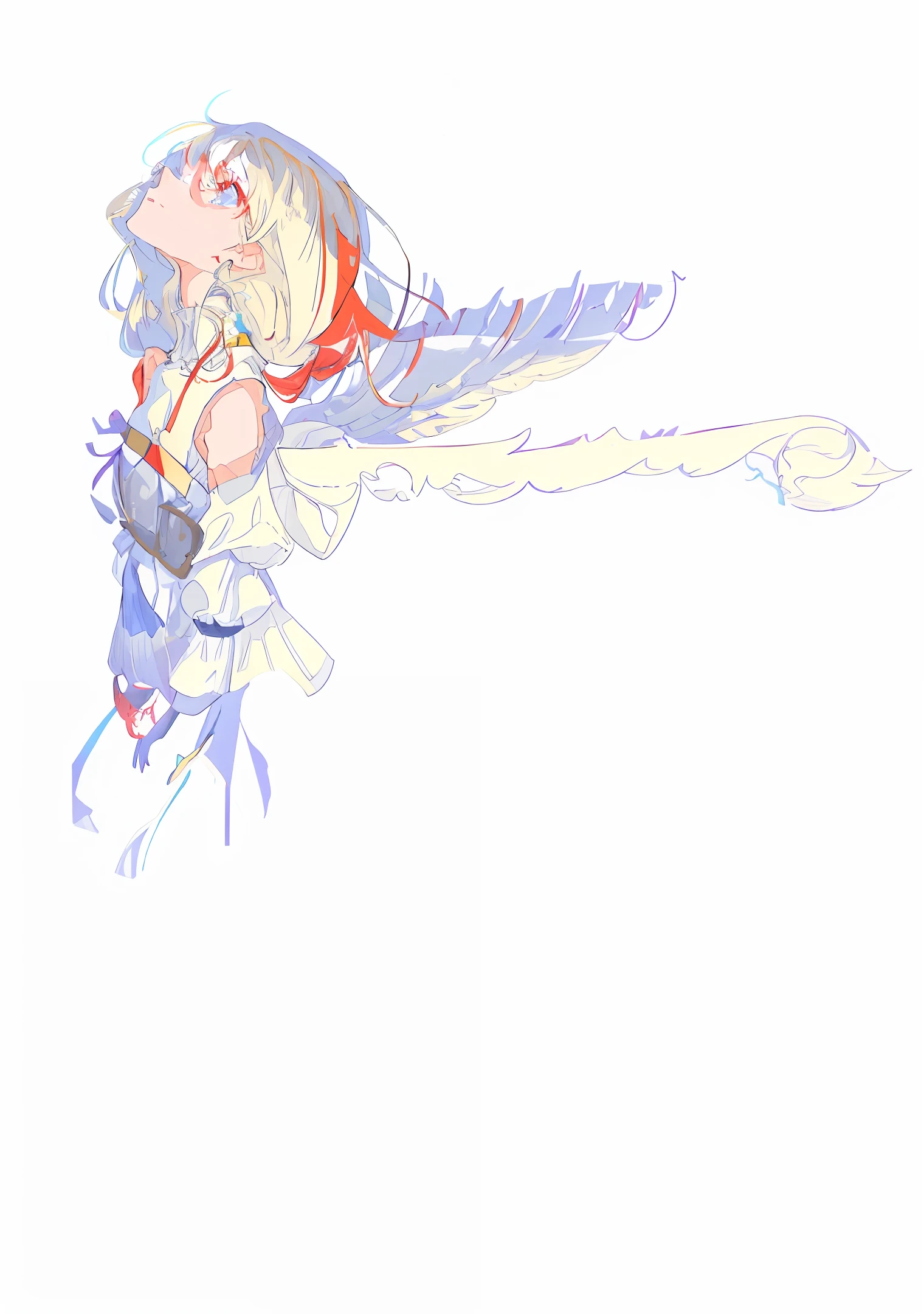 Flat drawing style. The hair is blown by the wind, perfect hair depiction. (Graceful, (slender), long neck, face up to the left, (1 female), profile, eyes on the screen, white background): 1.0. Spread the arms behind the back and spread the wings together, with the palms facing out of the screen. The arms are slender and well proportioned. She has long red and white hair, and when she dances, she has wonderful wings made of white scales and spreads out, wearing a gorgeous red dress. Unique red and blue eyes with white pupils. Wearing a snow-white sleeveless dress, the "sunny" head clings to the upper left corner of the screen, exuding a bright golden light, bathed in the sun, and stacked blue shadows.