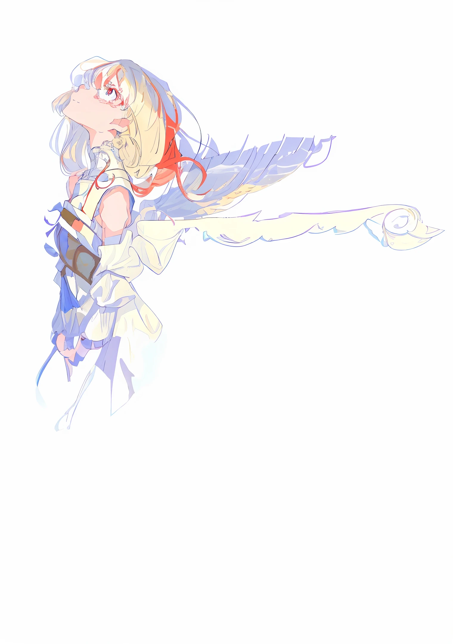 Flat drawing style. The hair is blown by the wind, perfect hair depiction. (Graceful, (slender), long neck, face up to the left, (1 female), profile, eyes on the screen, white background): 1.0. Spread the arms behind the back and spread the wings together, with the palms facing out of the screen. The arms are slender and well proportioned. She has long red and white hair, and when she dances, she has wonderful wings made of white scales and spreads out, wearing a gorgeous red dress. Unique red and blue eyes with white pupils. Wearing a snow-white sleeveless dress, the "sunny" head clings to the upper left corner of the screen, exuding a bright golden light, bathed in the sun, and stacked blue shadows.
