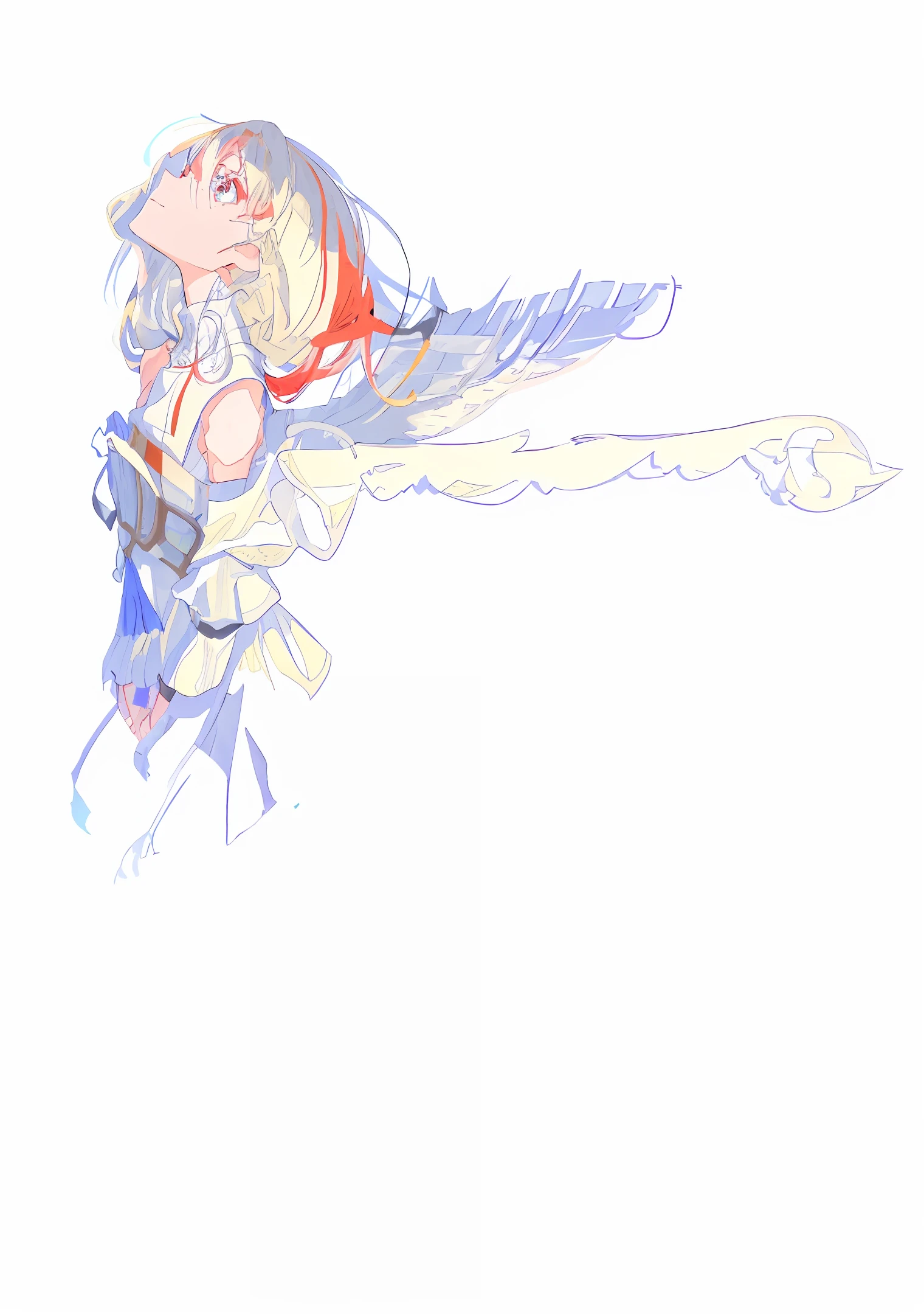 Flat drawing style. The hair is blown by the wind, perfect hair depiction. (Graceful, (slender), long neck, face up to the left, (1 female), profile, eyes on the screen, white background): 1.0. Spread the arms behind the back and spread the wings together, with the palms facing out of the screen. The arms are slender and well proportioned. She has long red and white hair, and when she dances, she has wonderful wings made of white scales and spreads out, wearing a gorgeous red dress. Unique red and blue eyes with white pupils. Wearing a snow-white sleeveless dress, the "sunny" head clings to the upper left corner of the screen, exuding a bright golden light, bathed in the sun, and stacked blue shadows.
