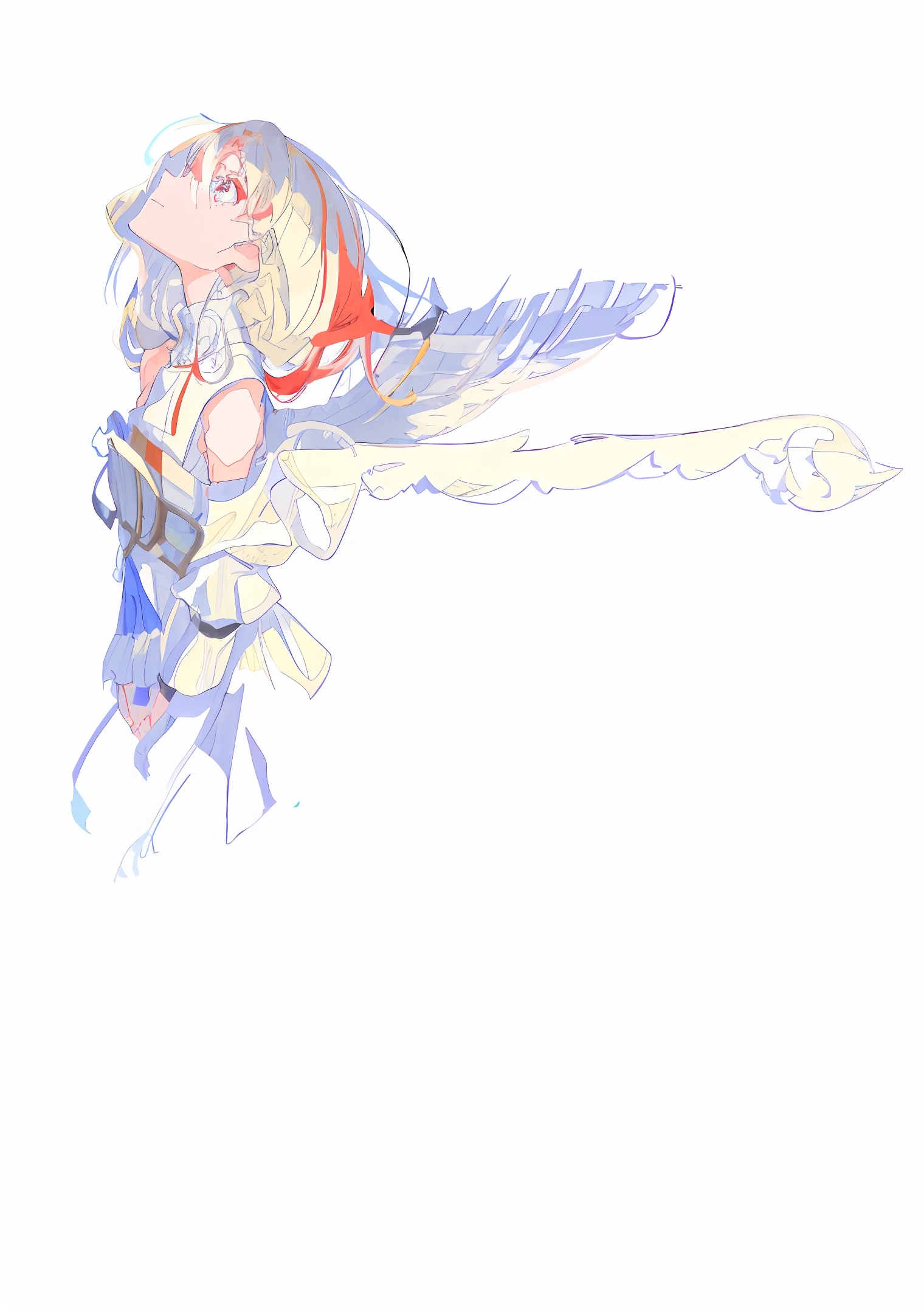 Flat drawing style. The hair is blown by the wind, perfect hair depiction. (Graceful, (slender), long neck, face up to the left, (1 female), profile, eyes on the screen, white background): 1.0. Spread the arms behind the back and spread the wings together, with the palms facing out of the screen. The arms are slender and well proportioned. She has long red and white hair, and when she dances, she has wonderful wings made of white scales and spreads out, wearing a gorgeous red dress. Unique red and blue eyes with white pupils. Wearing a snow-white sleeveless dress, the "sunny" head clings to the upper left corner of the screen, exuding a bright golden light, bathed in the sun, and stacked blue shadows.