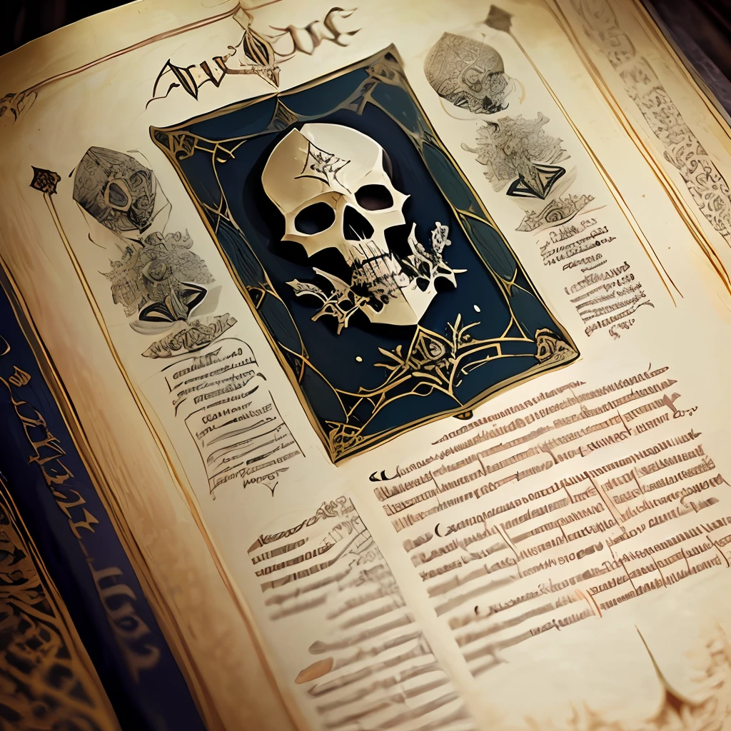 (((one))) ancient illuminated medieval parchment page with text and an intricate illustration of one skull, borders, dimensions 1:1.5, (((full page))), (((view from above))), necronimocon, grimoire, dark, sinister