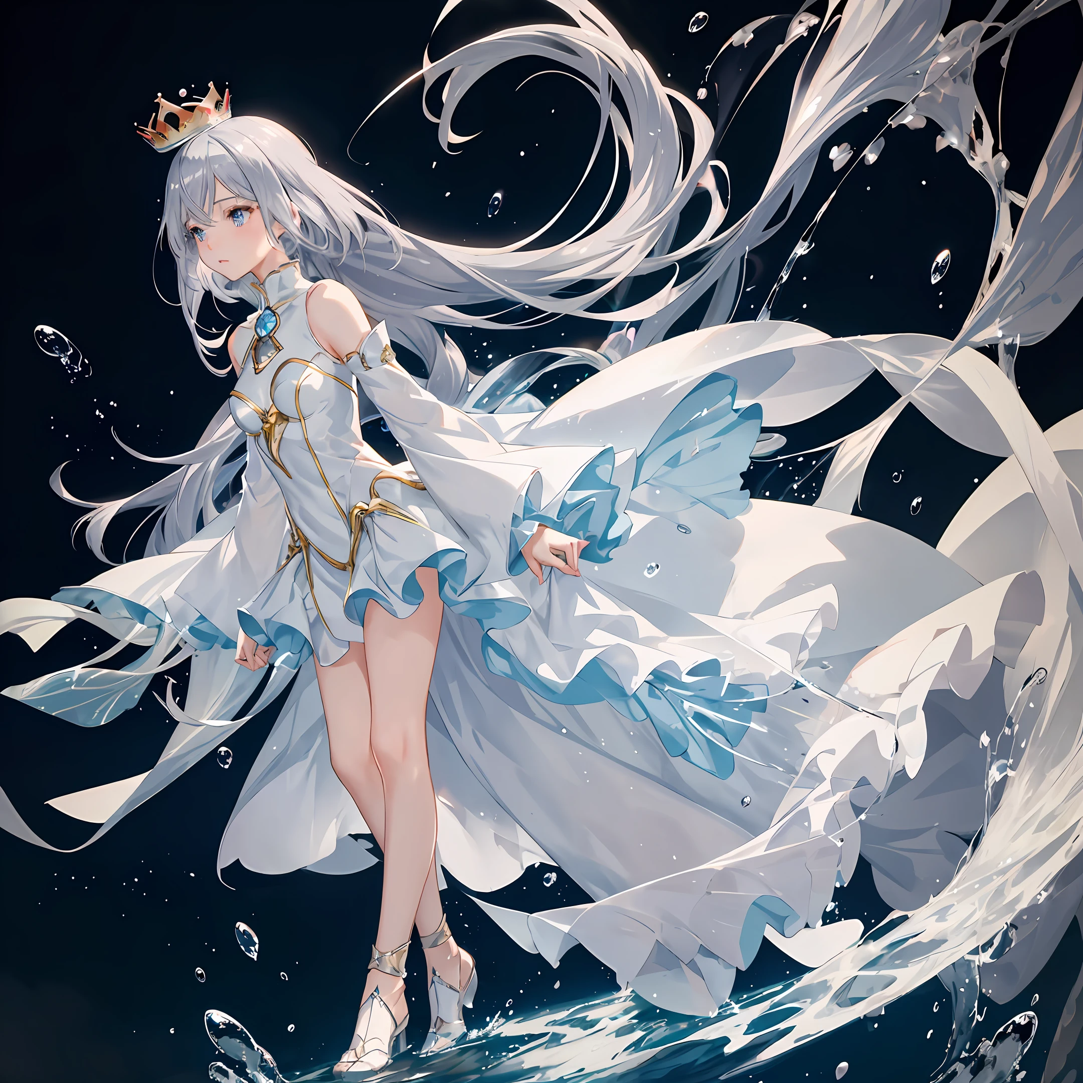 anime style, girly, masterpiece, best quality, stardust, solo, glowing eyes, glowing hair, floating hair, water, splash, silver hair, full body, sky, crown