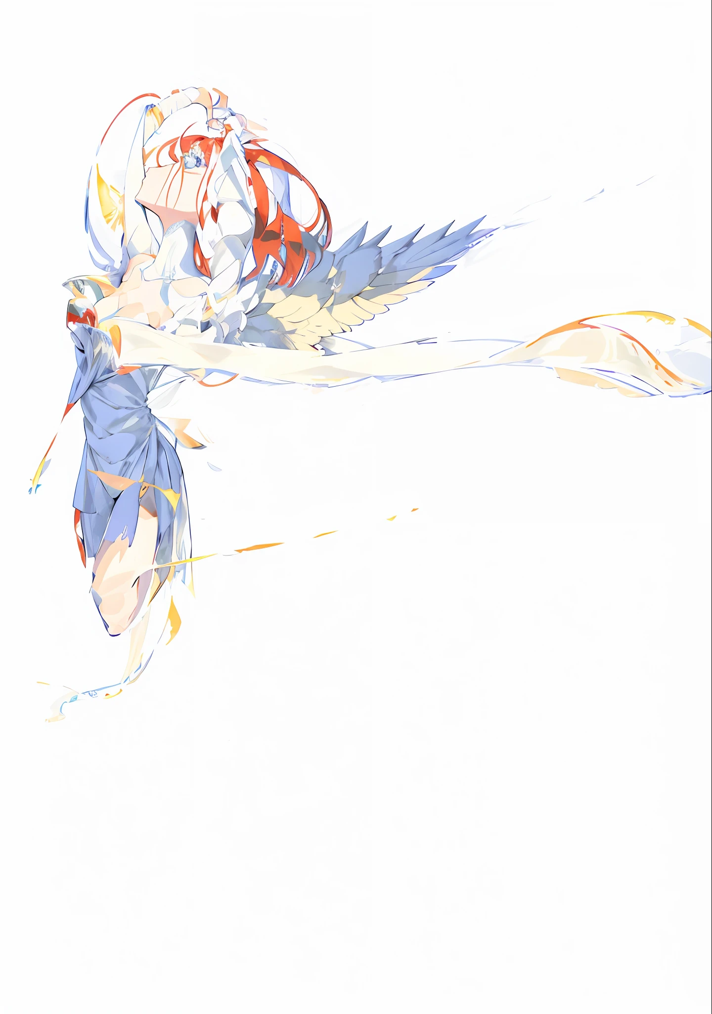 Flat drawing style. The hair is blown by the wind, perfect hair depiction. (Graceful, (slender), long neck, face up to the left, (1 female), profile, eyes on the screen, white background): 1.0. Spread the arms behind the back and spread the wings together, with the palms facing out of the screen. The arms are slender and well proportioned. She has long red and white hair, and when she dances, she has wonderful wings made of white scales and spreads out, wearing a gorgeous red dress. Unique red and blue eyes with white pupils. Wearing a snow-white sleeveless dress, the "sunny" head clings to the upper left corner of the screen, exuding a bright golden light, bathed in the sun, and stacked blue shadows.