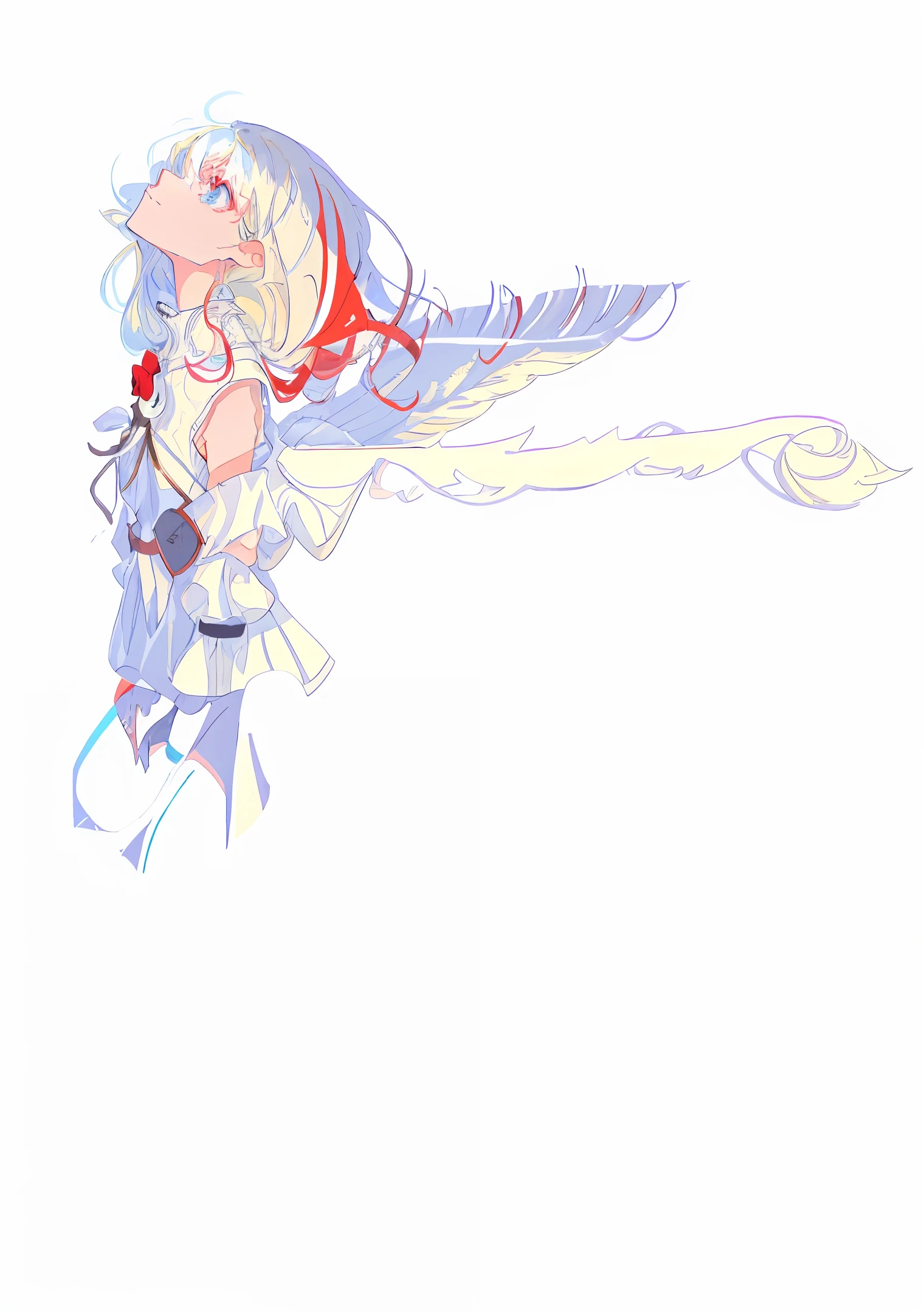 Eyelash error fix. Flat drawing style. The hair is blown by the wind, perfect hair depiction. (Graceful, (slender), long neck, face up to the left, (1 female), profile, eyes on the screen, white background): 1.0. Spread the arms behind the back and spread the wings together, with the palms facing out of the screen. The arms are slender and well proportioned. She has long red and white hair, and when she dances, she has wonderful wings made of white scales and spreads out, wearing a gorgeous red dress. Unique red and blue eyes with white pupils. Wearing a snow-white sleeveless dress, the "sunny" head clings to the upper left corner of the screen, exuding a bright golden light, bathed in the sun, and stacked blue shadows.
