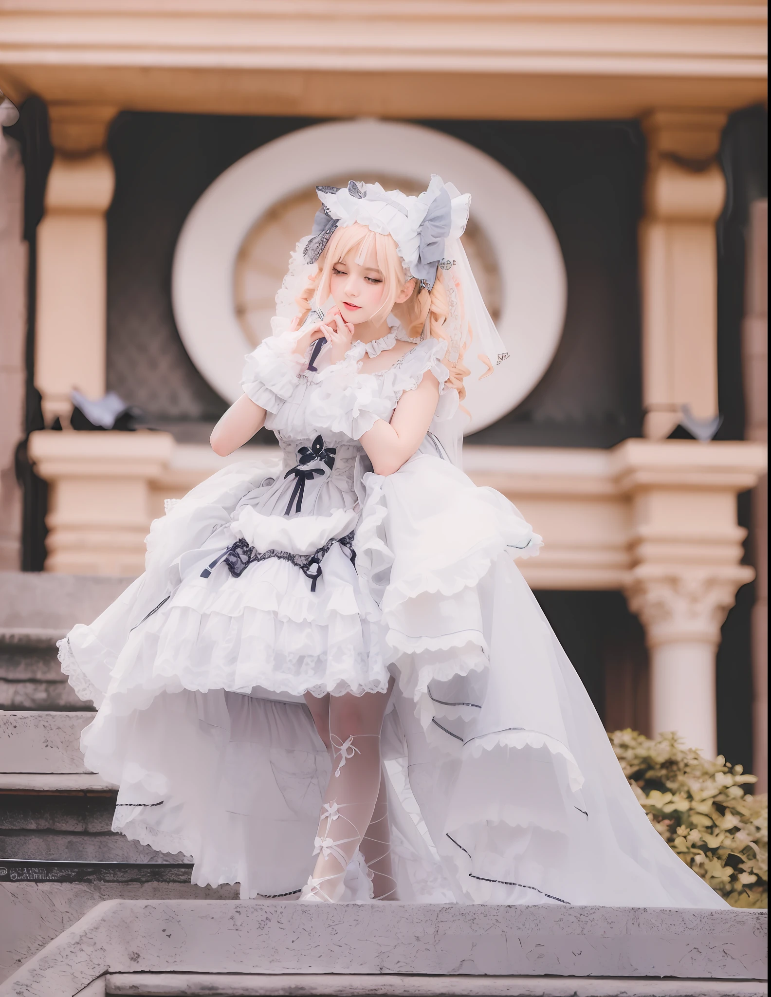 there is a woman in a dress that is standing on some steps, lolita style, lolita fashion, portrait of magical lolita girl, victorian gothic lolita fashion, ornate cosplay, loli in dress, angelic pretty, frilly outfit, rococo dress, cosplay of a catboy! maid! dress, belle delphine, portrait of radical lolita girl