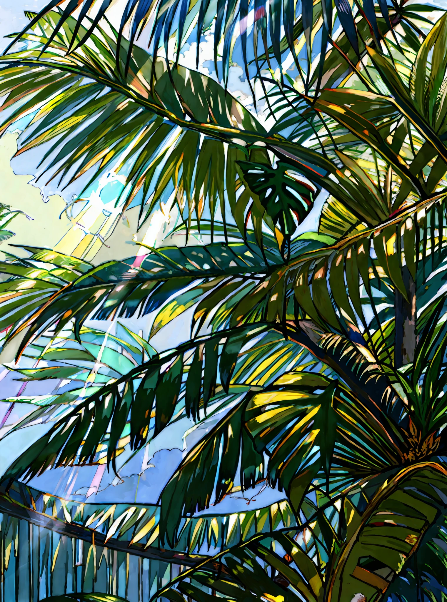 ((flat painting style, blank background, low saturation)), (sunlight hits the low-saturated blue-green plantain leaves, bird&#39;s nest fern, epiphytic orchid and purple-red pineapple from the upper left corner, and the light-receiving surface of the plants is bright yellow White, shaded blue-gray), (wide-angle plane, light tones, soft colors, light and shadow), (tropical plants are in the lower right corner, and various plants are in contrast with the low-saturation dark purple-blue edge).