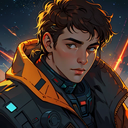 masterpiece, best quality, realistic, ultra detailed, sfw, head shot, a portrait of a young man, starsector, sci-fi style suits, hight-tech gadgets, head facing right,