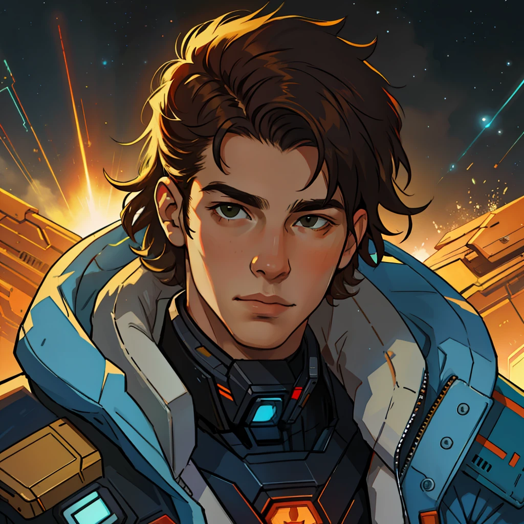 masterpiece, best quality, realistic, ultra detailed, sfw, head shot, a portrait of a young man, starsector, sci-fi style suits, hight-tech gadgets, head facing right,