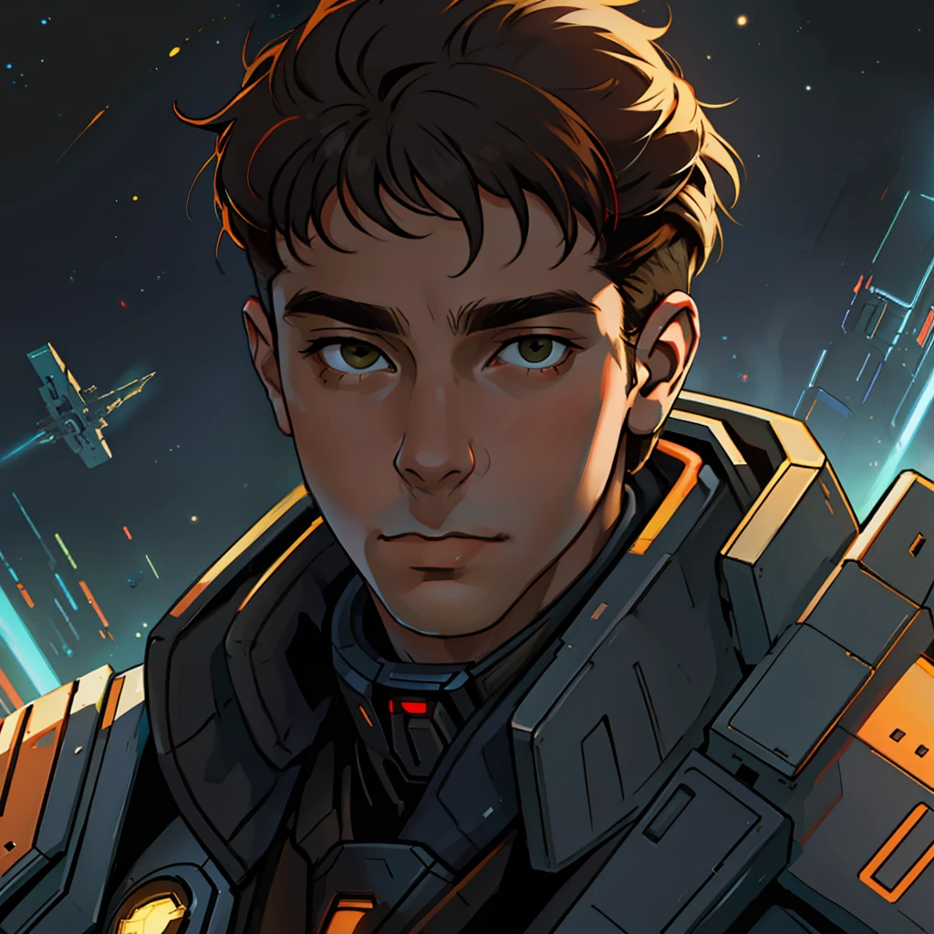 masterpiece, best quality, realistic, ultra detailed, sfw, head shot, a portrait of a young man, starsector, sci-fi style suits, hight-tech gadgets, head facing right,