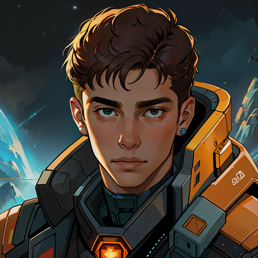 masterpiece, best quality, realistic, ultra detailed, sfw, head shot, a portrait of a young man, starsector, sci-fi style suits, hight-tech gadgets, head facing right,