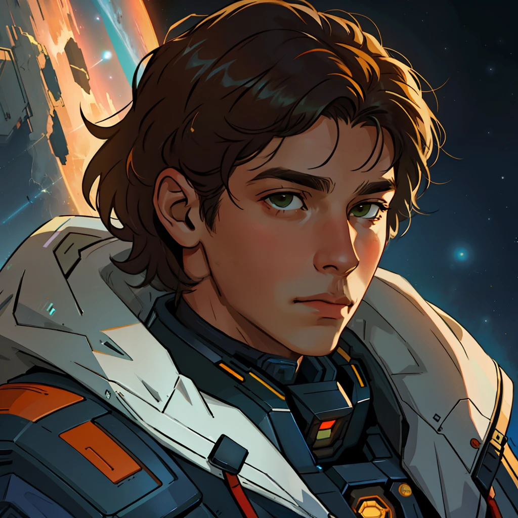 masterpiece, best quality, realistic, ultra detailed, sfw, head shot, a portrait of a young man, starsector, sci-fi style suits, hight-tech gadgets, head facing right,