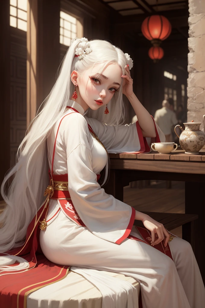 There is a woman sitting on a table with a vase, white skin, melancholy eyes, a palace, a girl in Hanfu, beautiful figure painting, white Hanfu, Hanfu, hair accessories, , looking at the viewer, red lips, skirt, hair accessories, necklaces, jewellery, long hair, earrings, closed mouth, extravagance