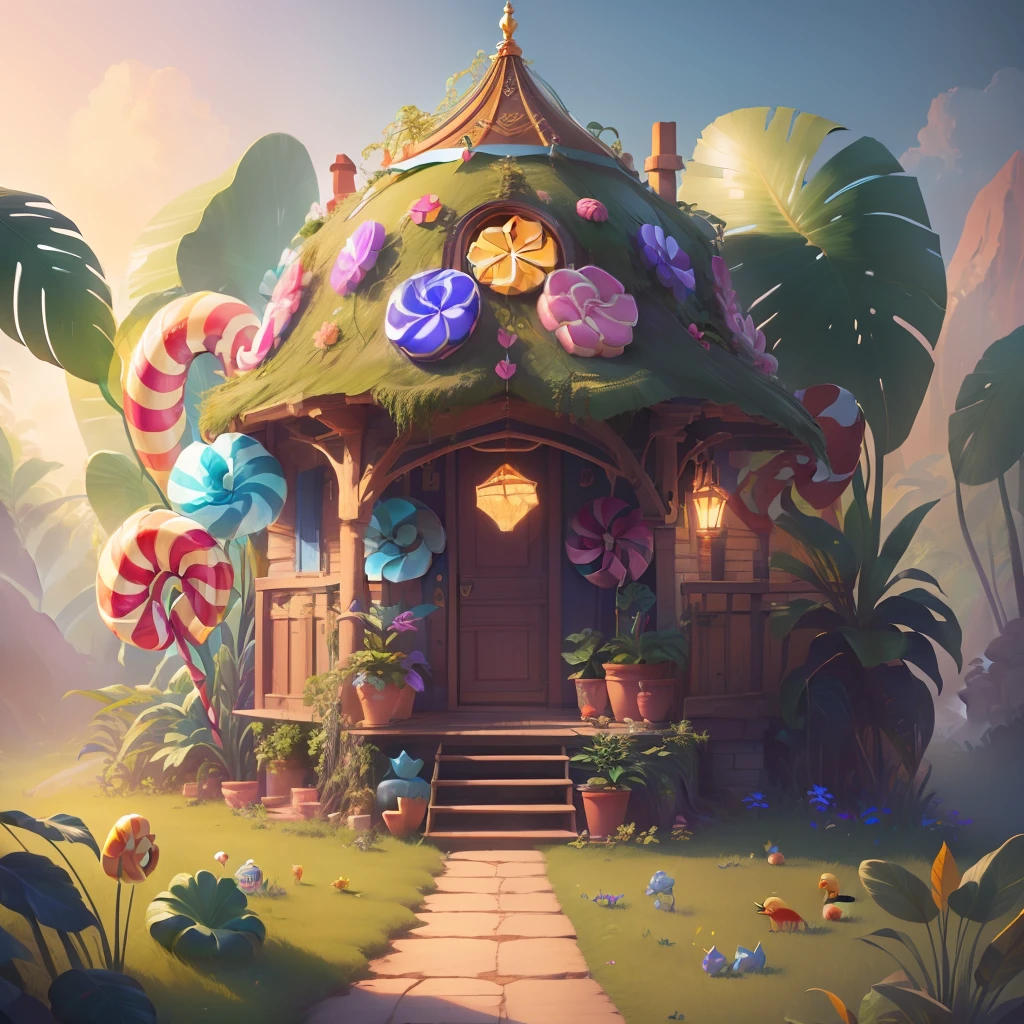 1sweet candies home, serrounding with candies jungle, cute, sweet, fantasy, mustery, home-sweet-home, colorfantasystyle masterpiece, best quality, high quality, extremely detailed CG unity 8k, trending on CGsociety, Intricate, High Detail, dramatic, art by midjourney --v 6