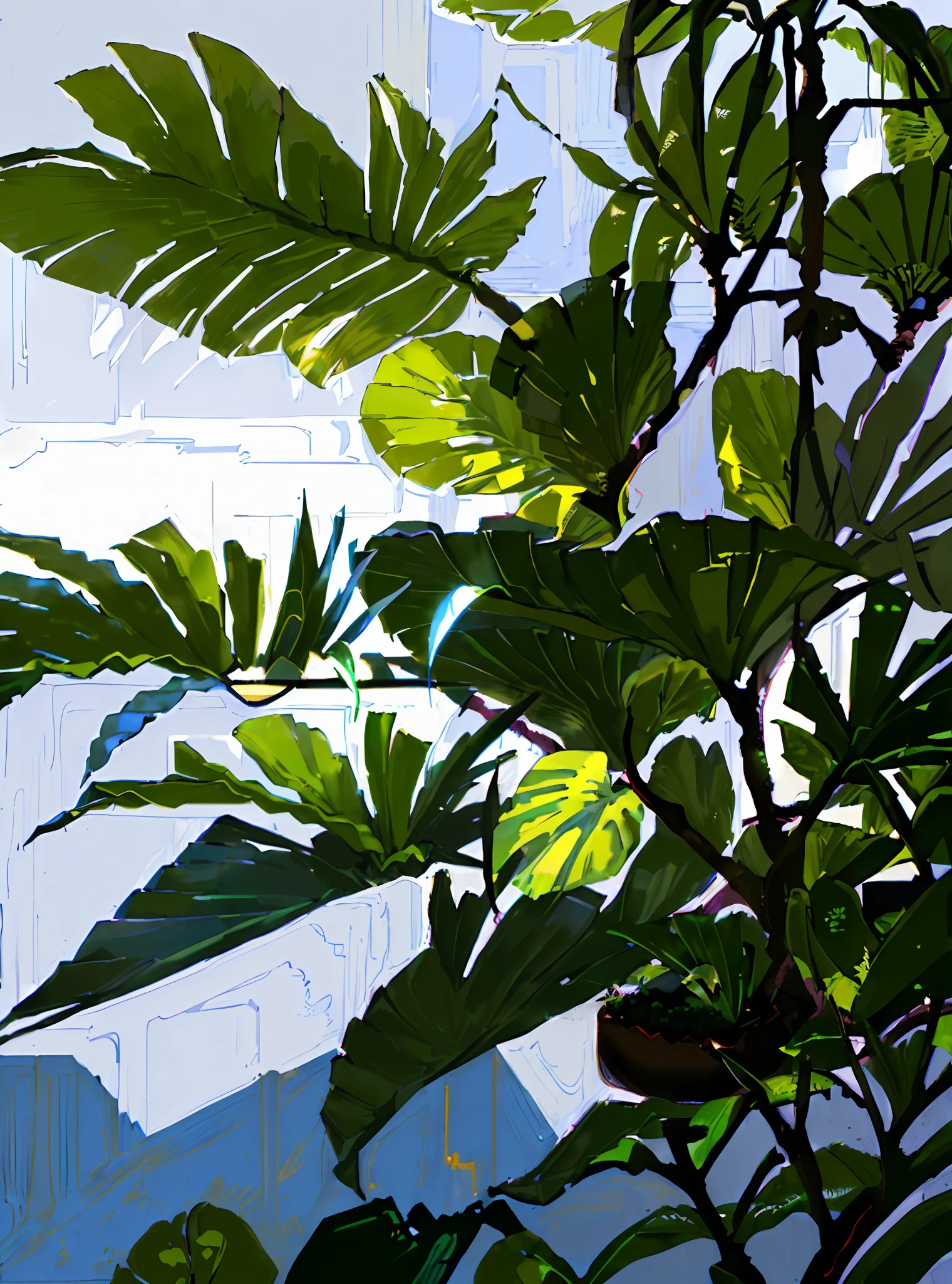 ((flat painting style, blank background, various tropical plants in the lower right corner, low-saturated dark purple-blue edge, low saturation)), (sunlight hits low-saturated blue-green plantain leaves from the upper left corner, bird's nest fern, attached Green orchid and purple-red Jishui pineapple, light-receiving surface of the plant is bright yellow and white, and the shadow is blue-gray), (plane wide angle, elegant tone, soft color, photography light and shadow sense),