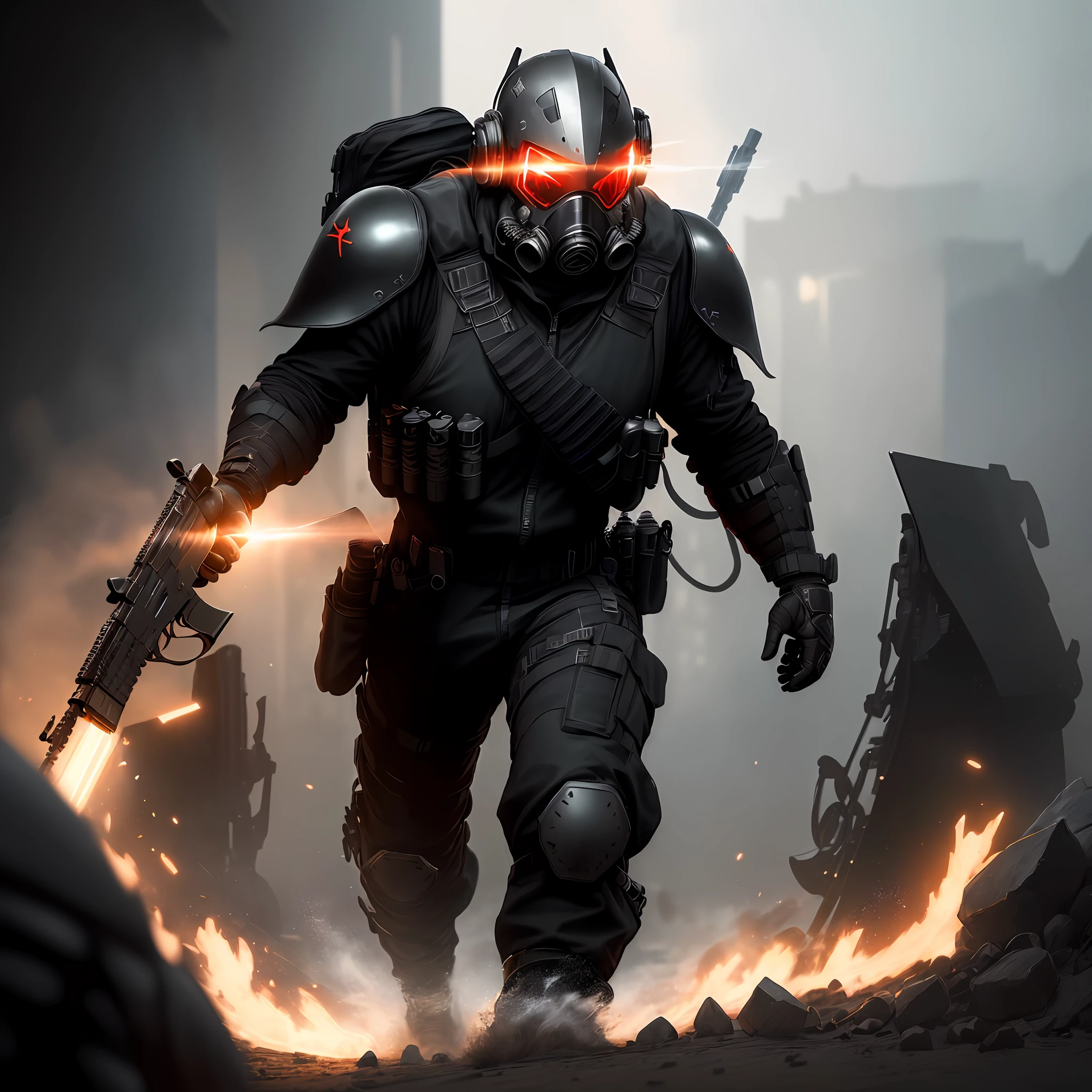 (high-quality concept art, best illustration, ultra-detailed CG unity 8k wallpaper), black jumpsuit, combat vest with light padding, gasmask with a glowing red visor, (holding a rifle), formidable enemy, intense lighting, dramatic shadows.