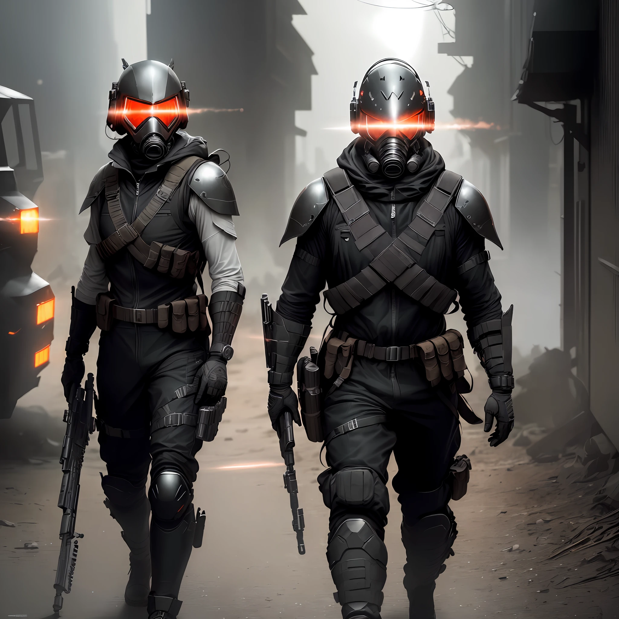 (high-quality concept art, best illustration, ultra-detailed CG unity 8k wallpaper), black jumpsuit, combat vest with light padding, gasmask with a glowing red visor, (holding a rifle), formidable enemy, intense lighting, dramatic shadows.