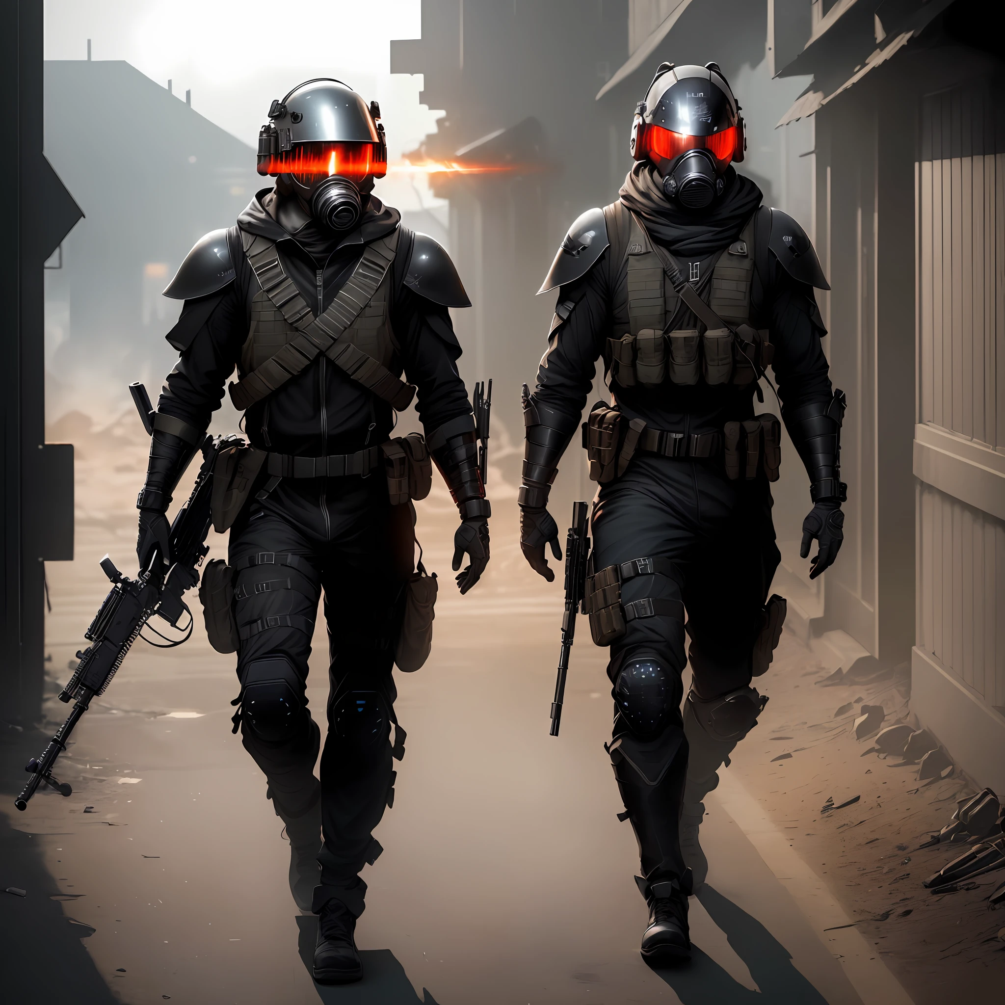 (high-quality concept art, best illustration, ultra-detailed CG unity 8k wallpaper), black jumpsuit, combat vest with light padding, gasmask with a glowing red visor, (holding a rifle), formidable enemy, intense lighting, dramatic shadows.