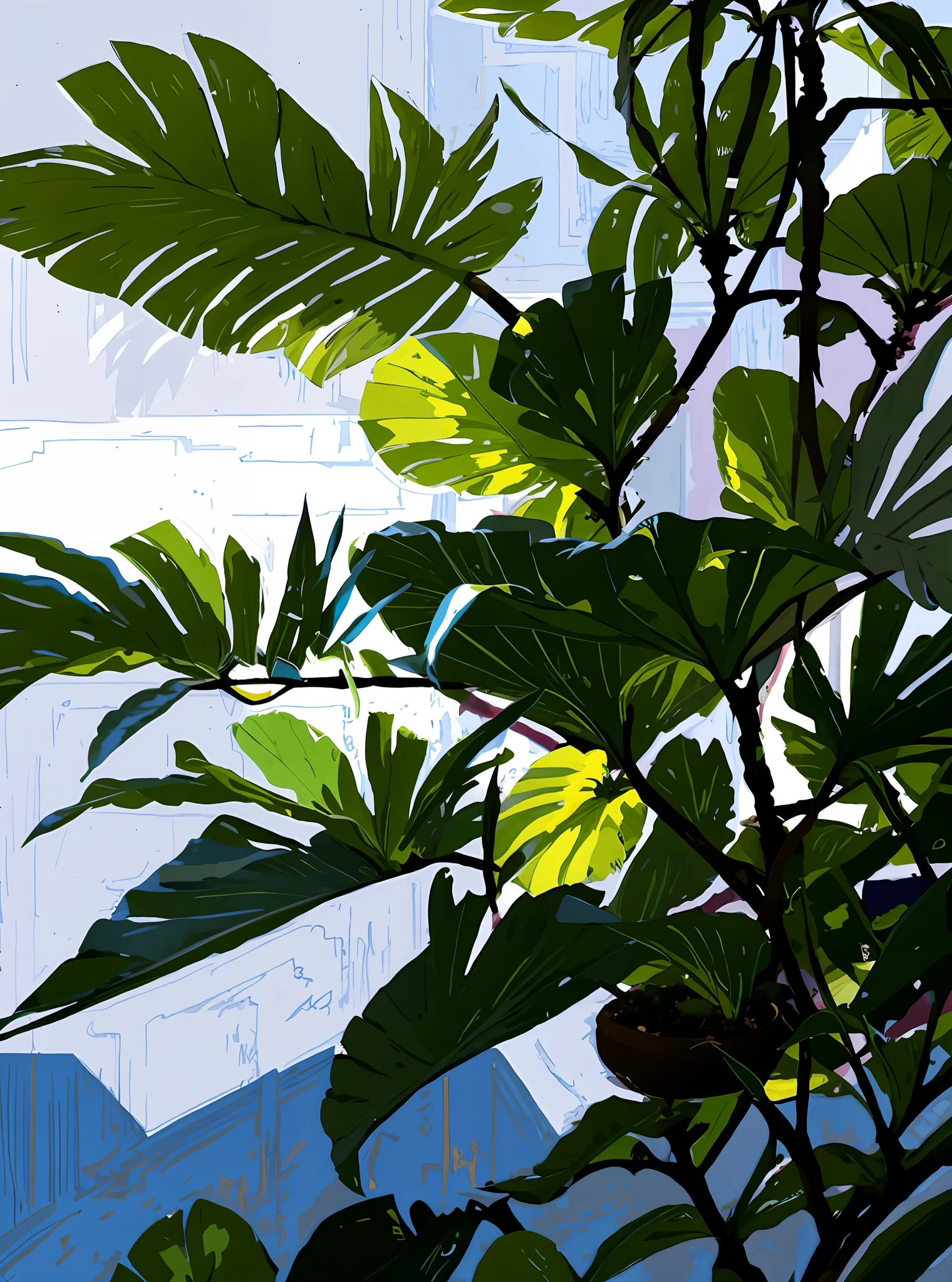 ((flat painting style, blank background, various tropical plants in the lower right corner, low-saturated dark purple-blue edge, low saturation)), (sunlight hits low-saturated blue-green plantain leaves from the upper left corner, bird's nest fern, attached Green orchid and purple-red Jishui pineapple, light-receiving surface of the plant is bright yellow and white, and the shadow is blue-gray), (plane wide angle, elegant tone, soft color, photography light and shadow sense),