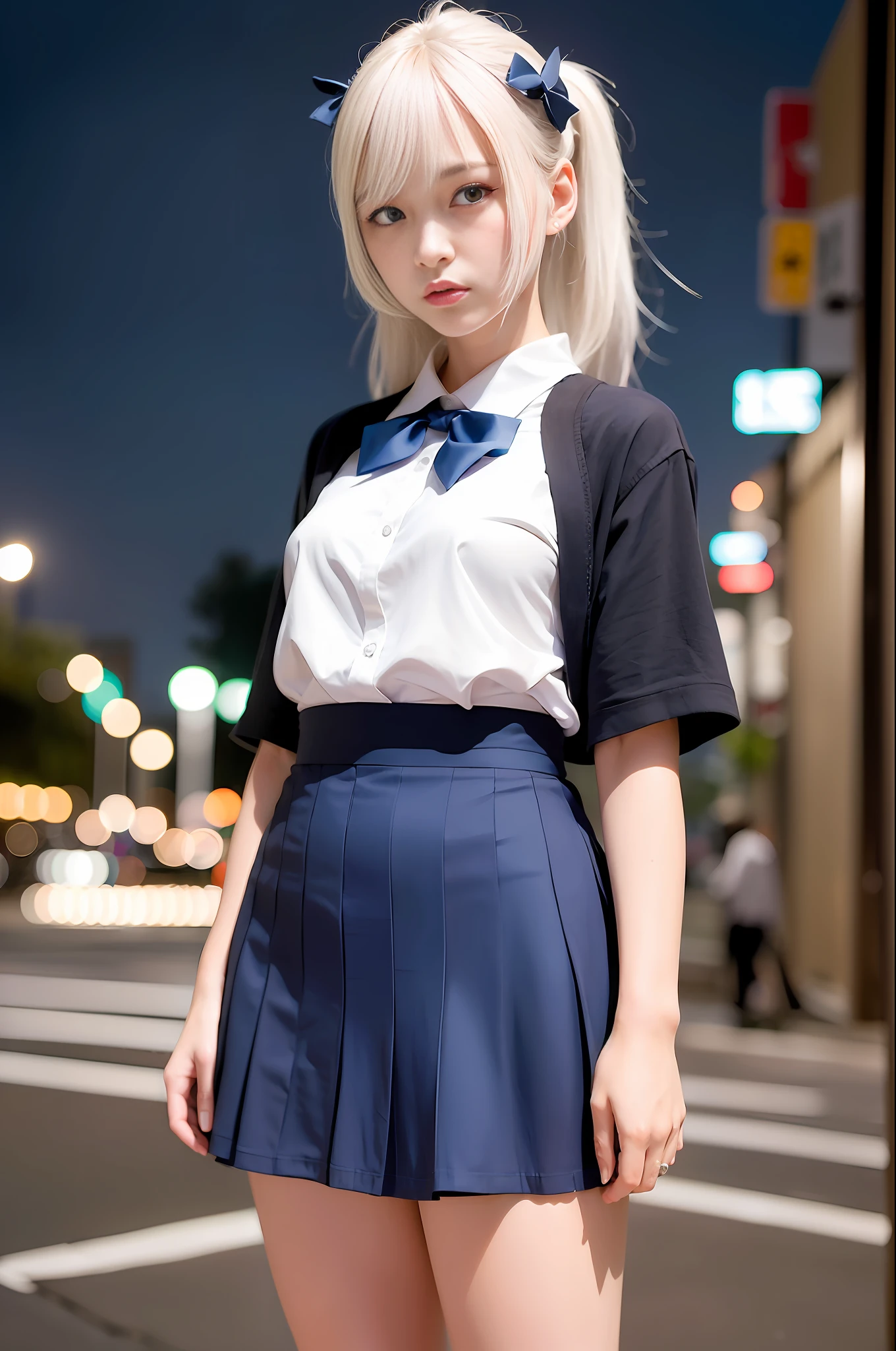 (8k, RAW photo, best quality, masterpiece:1.3),(realistic,photo-realistic:1.37),(night),(looking at viewer:1.331),(white hair),posing,Tokyo street,nightcityscape, cyberpunk city,soft light,1girl,extremely beautiful face,bust,put down hands,Random hairstyle,Random expression,big eyes, ,lower abdomen,(short-sleeved 
JK_shirt),JK_style,(dark blue JK_skirt) ,(bow JK_tie),mix4