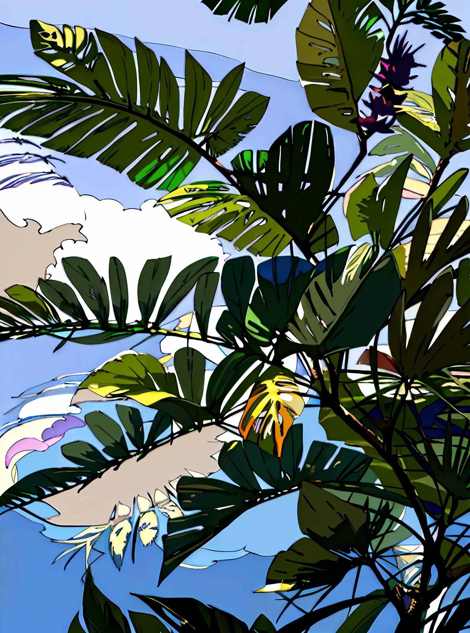 ((flat painting style, blank background, various tropical plants in the lower right corner, low-saturated dark purple-blue edge, low saturation)), (sunlight hits low-saturated blue-green plantain leaves from the upper left corner, bird&#39;s nest fern, attached Green orchid and purple-red Jishui pineapple, light-receiving surface of the plant is bright yellow and white, and the shadow is blue-gray), (plane wide angle, elegant tone, soft color, photography light and shadow sense),