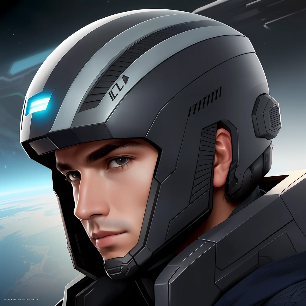 masterpiece, best quality, realistic, ultra detailed, sfw, head shot, a portrait of a young man, starsector, sci-fi style suits, hight-tech gadgets, head facing right,