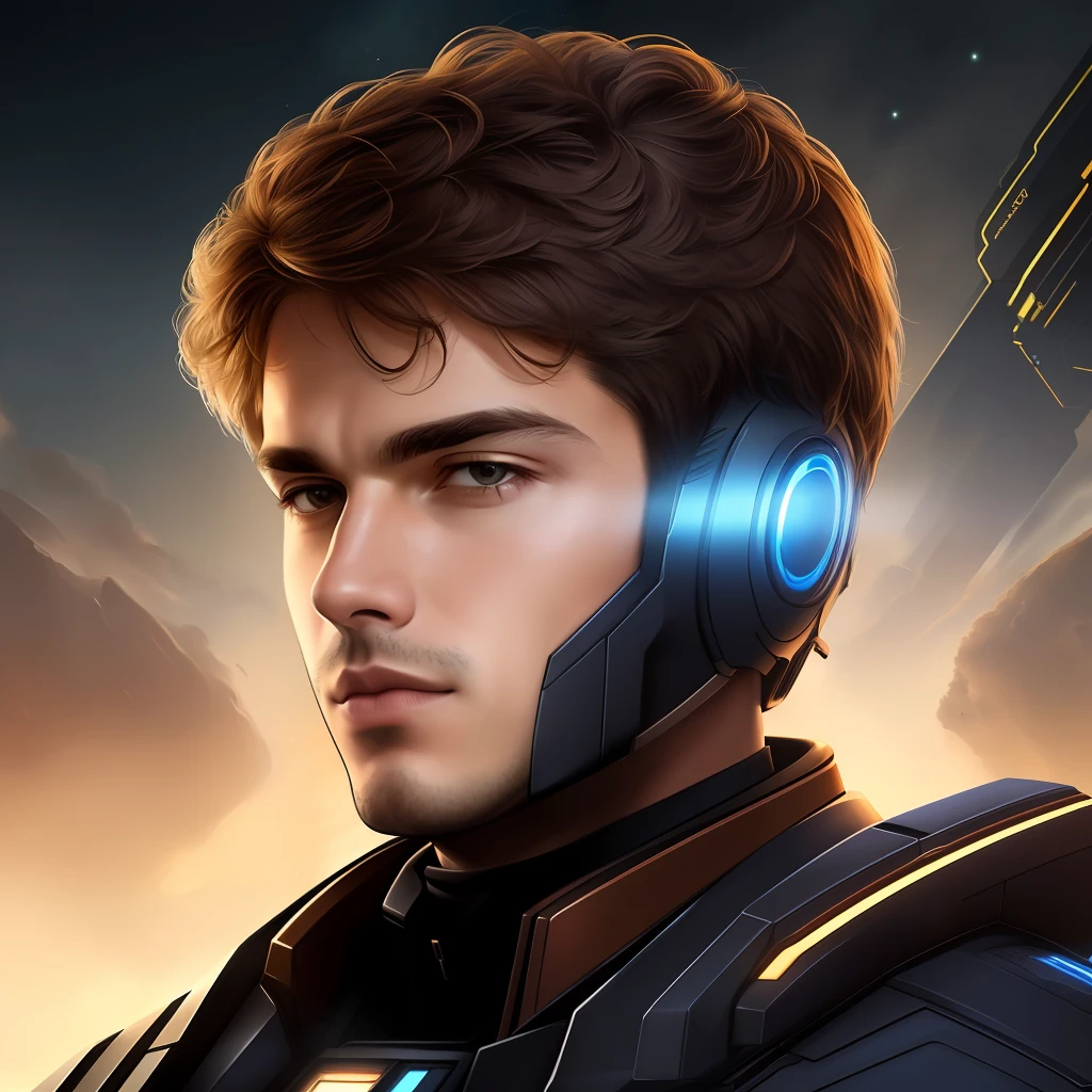 masterpiece, best quality, realistic, ultra detailed, sfw, head shot, a portrait of a young man, starsector, sci-fi style suits, hight-tech gadgets, head facing right,