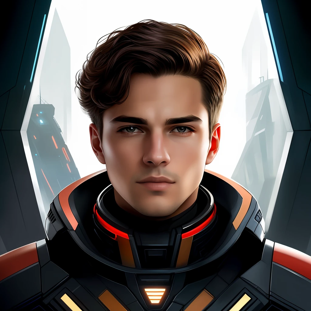 masterpiece, best quality, realistic, ultra detailed, sfw, head shot, a portrait of a young man, starsector, sci-fi style suits, hight-tech gadgets, head facing right,